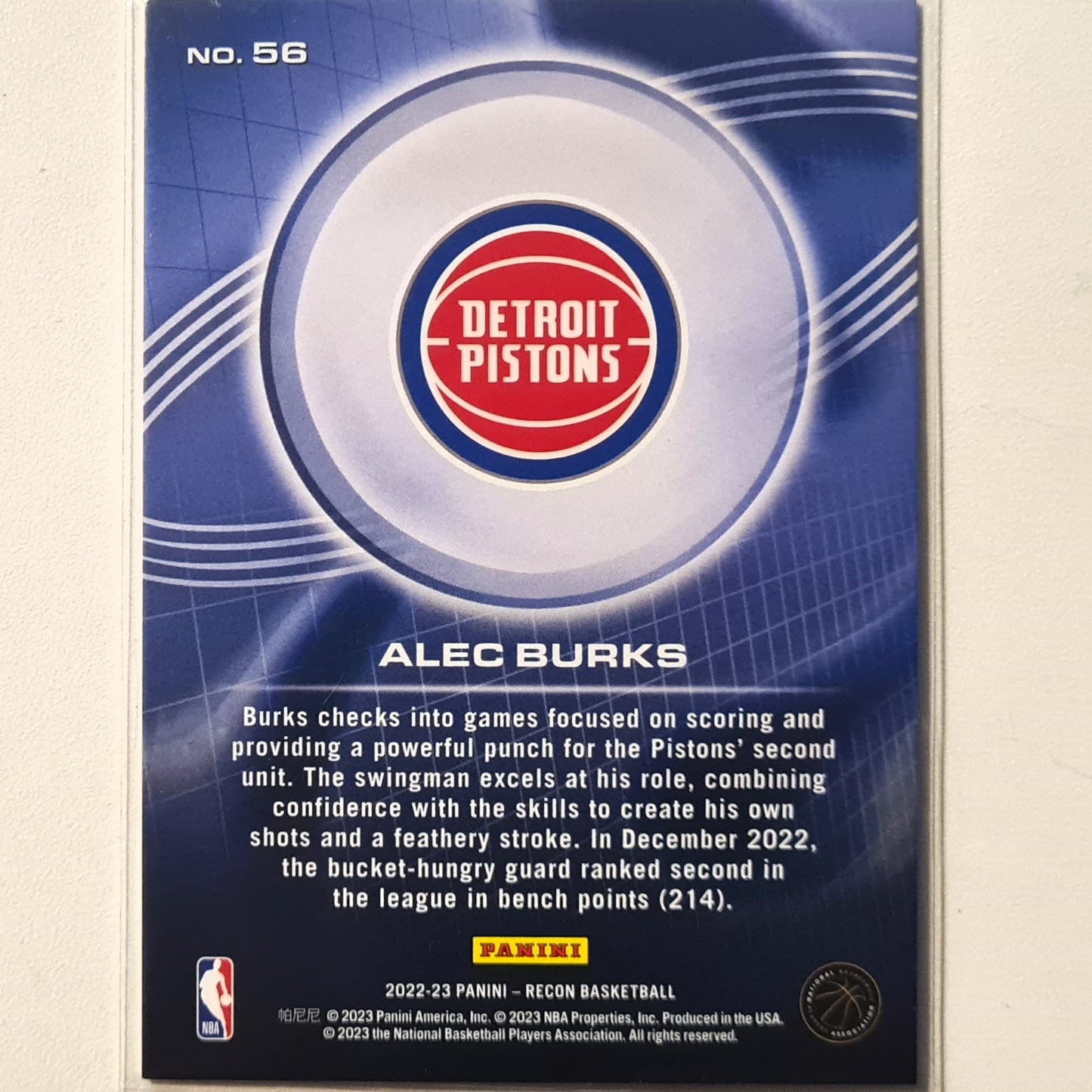 Alec Burks 2022-23 Panini Recon #56 NBA Basketball Detroit Pistons Excellent Sleeved