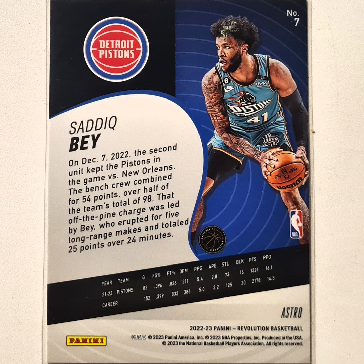 Saddiq Bey 2022-23 Panini Revolution Astro edition #7 NBA Basketball Detroit Pistons Excellent Sleeved