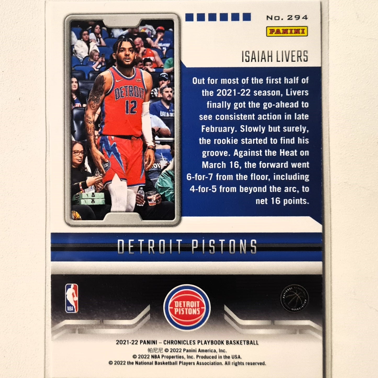 Isaiah Livers 2021-22 Panini Chronicles playbook green issue Rookie RC #294 NBA Basketball Detroit Pistons Excellent Sleeved