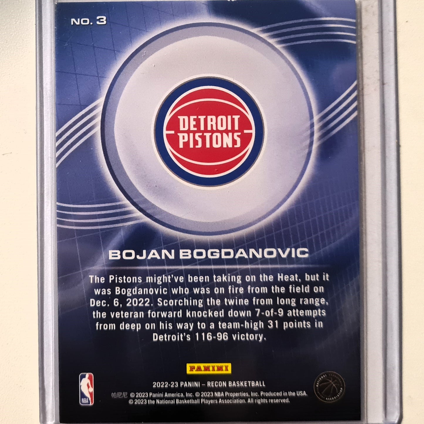 Bojan Bogdanovic 2022-23 Panini Recon numbered 157/199 #3 NBA Basketball Detroit Pistons Excellent Sleeved