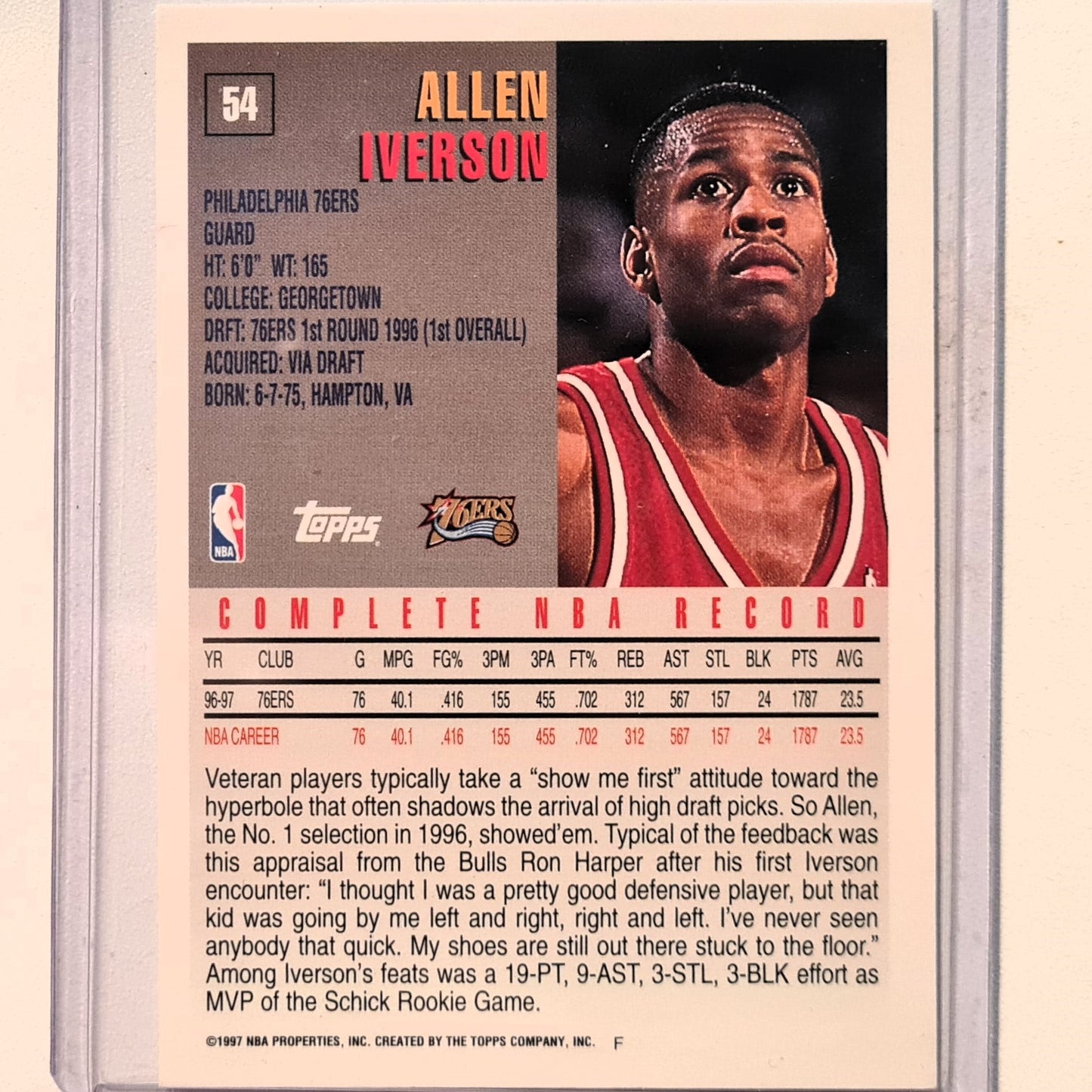 Allen Iverson 1997 Topps #54 NBA Basketball Philadelphia 76ers Excellent sleeved