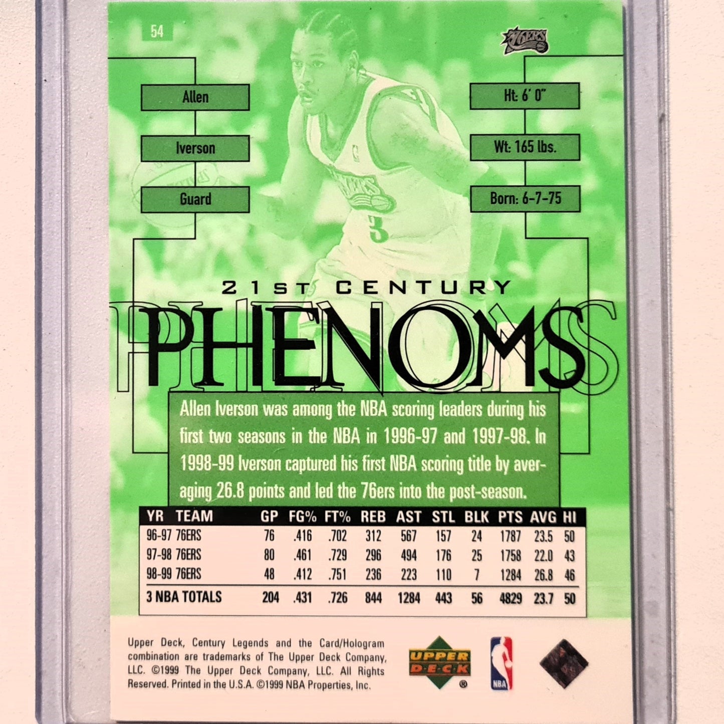 Allen Iverson 1999 Upper-Deck 31st century Phenoms #54 NBA Basketball Philadelphia 76ers Excellent sleeved