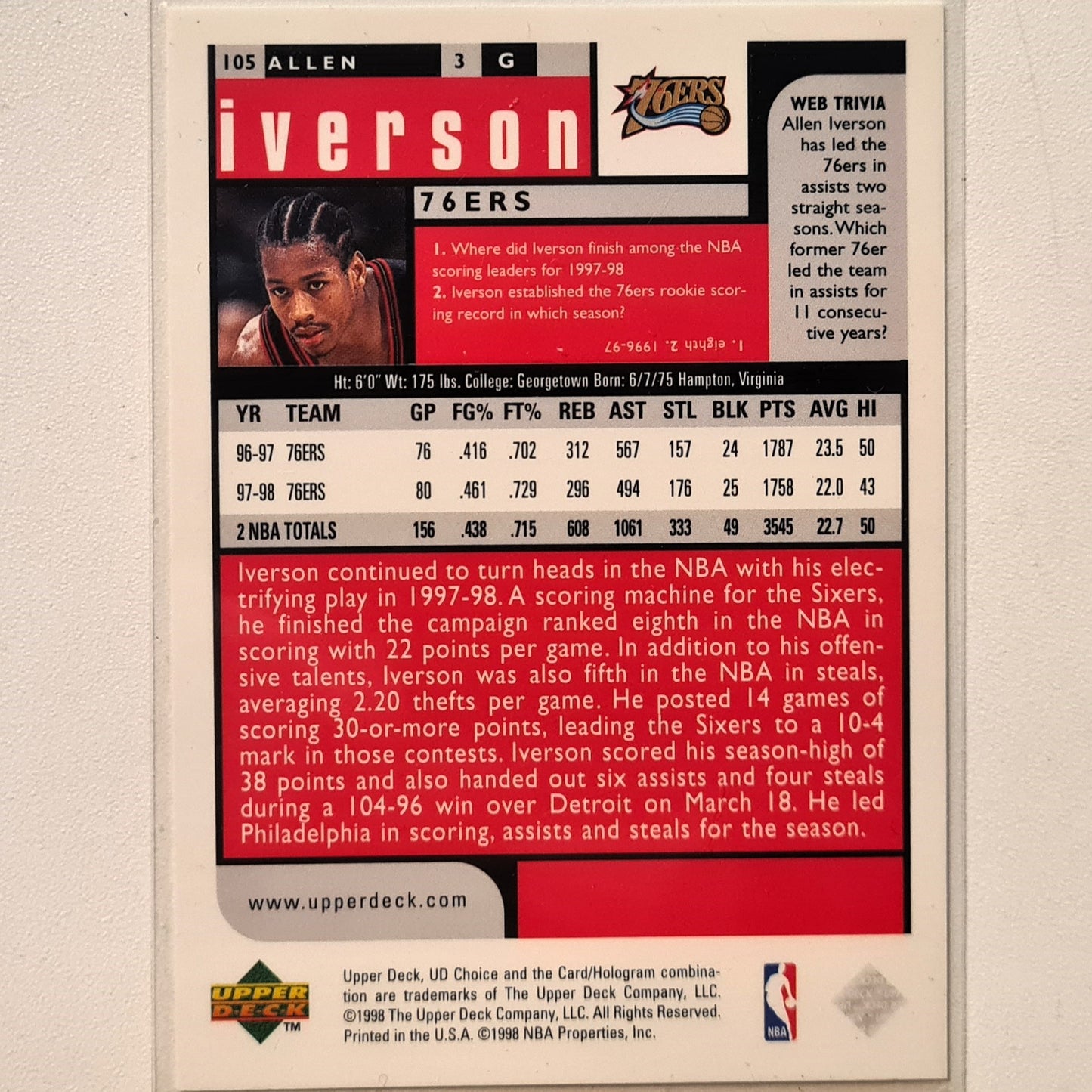 Allen Iverson 1998 Upper-Deck collectors choice #105 NBA Basketball Philadelphia 76ers Excellent sleeved