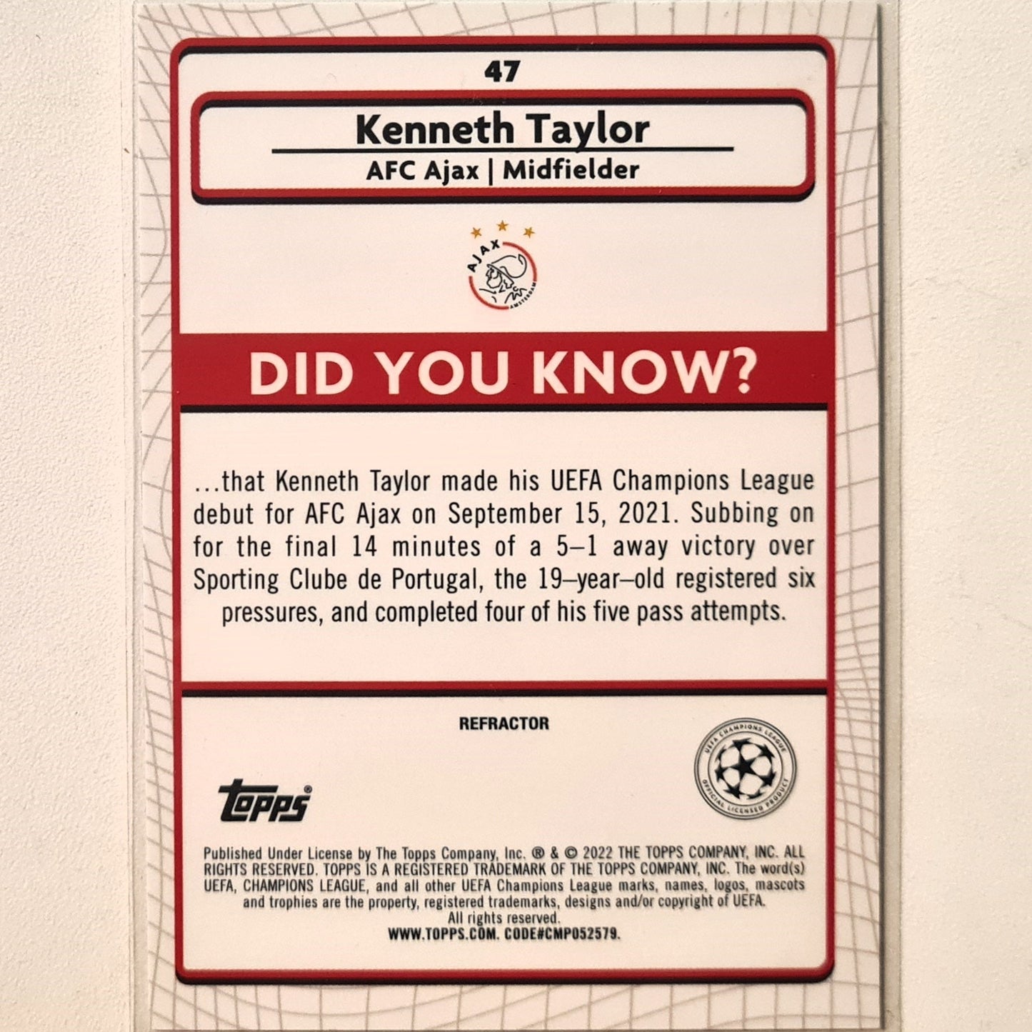 Kenneth Taylor 2022 Topps Merlin Champions League refractor #47 Soccer Football Ajax Excellent/mint sleeved
