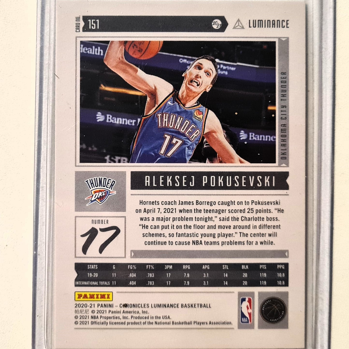 Aleksej Pokusevski 2020-21 Panini Chronicles Luminance Rookie RC #151 NBA Basketball Oklahoma City Thunder excellent/mint