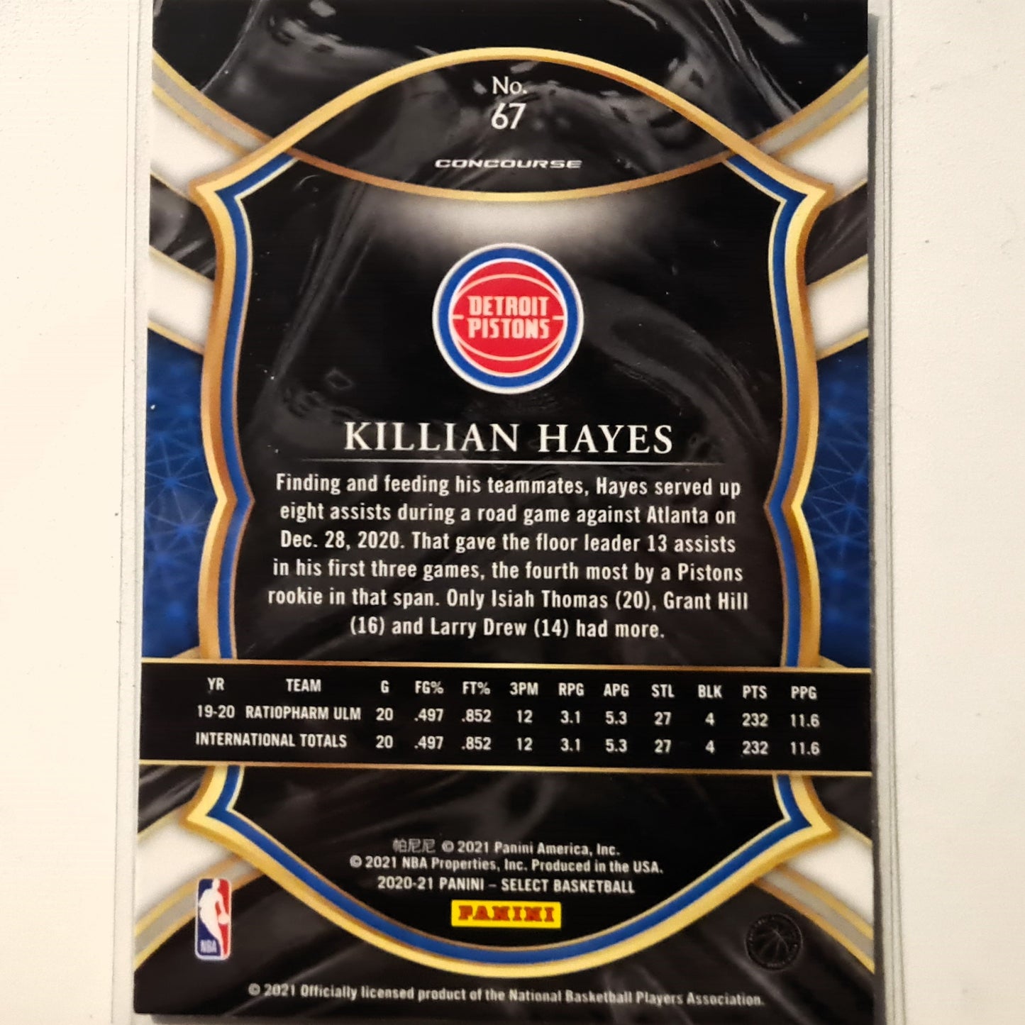 Killian Hayes 2020-21 Panini Select concourse Rookie RC #67 NBA Basketball Detroit Pistons Excellent/Mint Sleeved