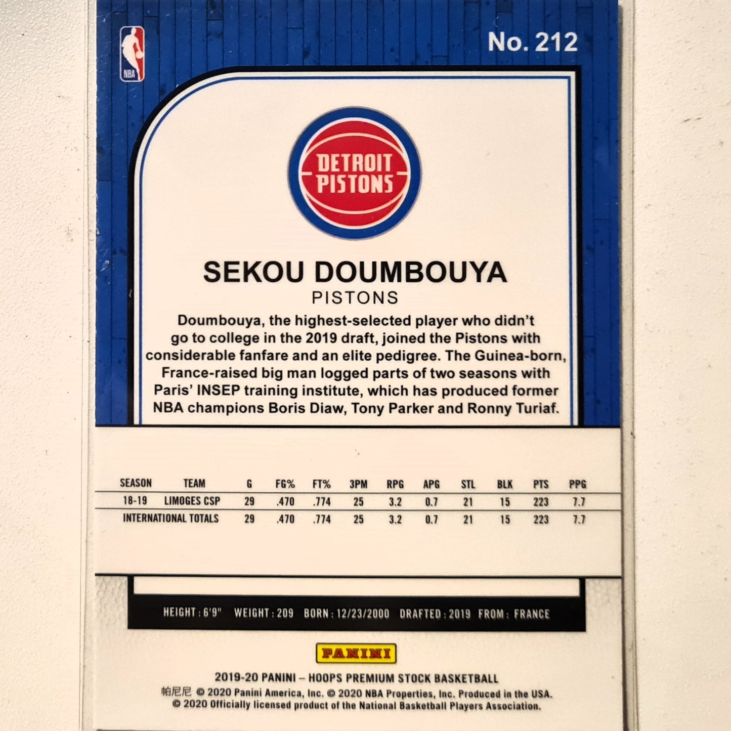 Sekou Doumbouya 2019-20 Panini Hoops Premium Stock Rookie RC #212 NBA Basketball Detroit Pistons Excellent/Mint Sleeved
