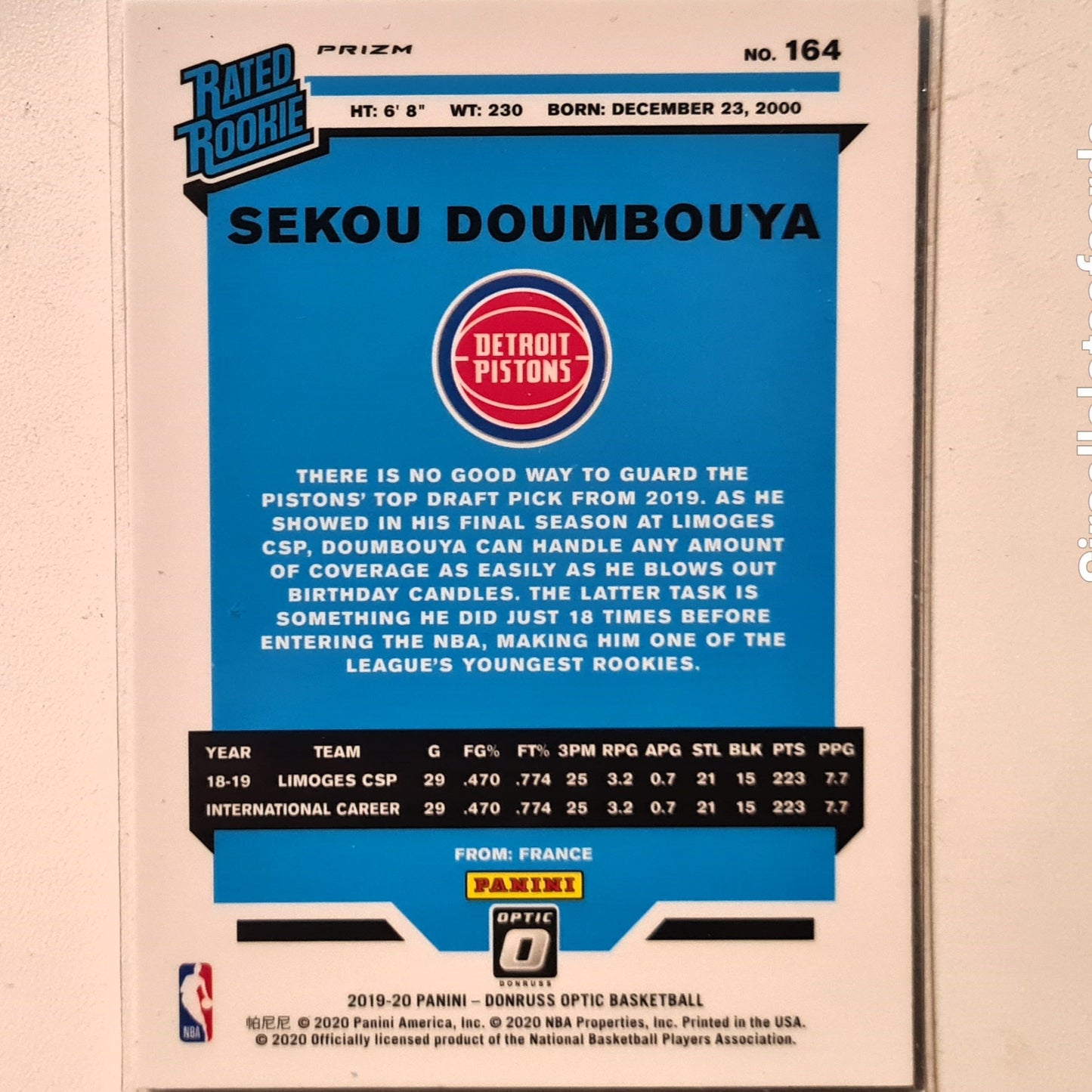 Sekou Doumbouya 2019-20 Panini Donruss Optic Rated Rookie RC Blue Prizm #164 NBA Basketball Detroit Pistons Excellent/Mint Sleeved