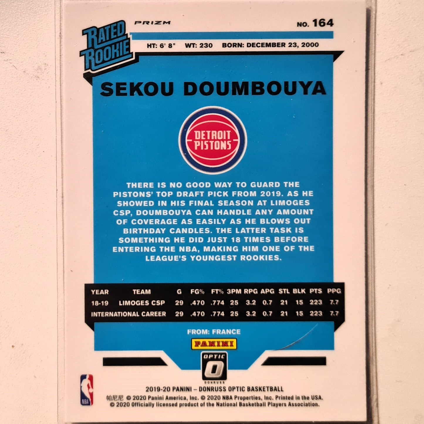 Sekou Doumbouya 2019-20 Panini Donruss Optic Rated Rookie RC pink Prizm #164 NBA Basketball Detroit Pistons Excellent/Mint Sleeved