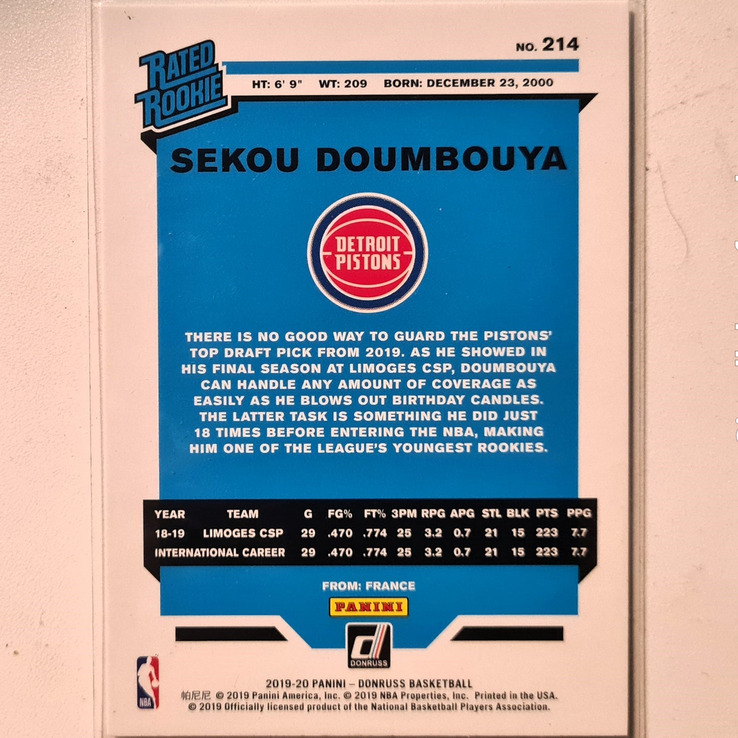 Sekou Doumbouya 2019-20 Panini Donruss Rated Rookie RC #214 NBA Basketball Detroit Pistons Excellent/Mint Sleeved