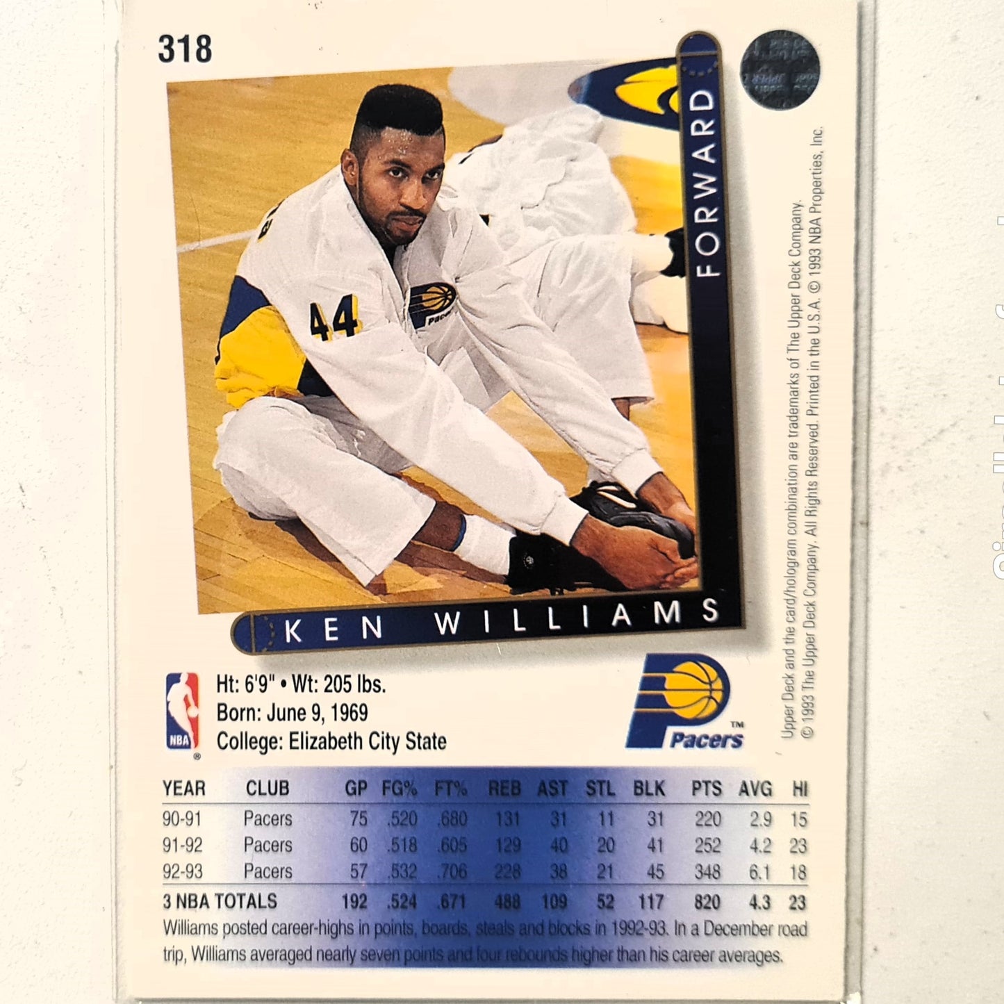 Ken Williams 1991 Upper-Deck #318 NBA Basketball Indiana Pacers Excellent sleeved