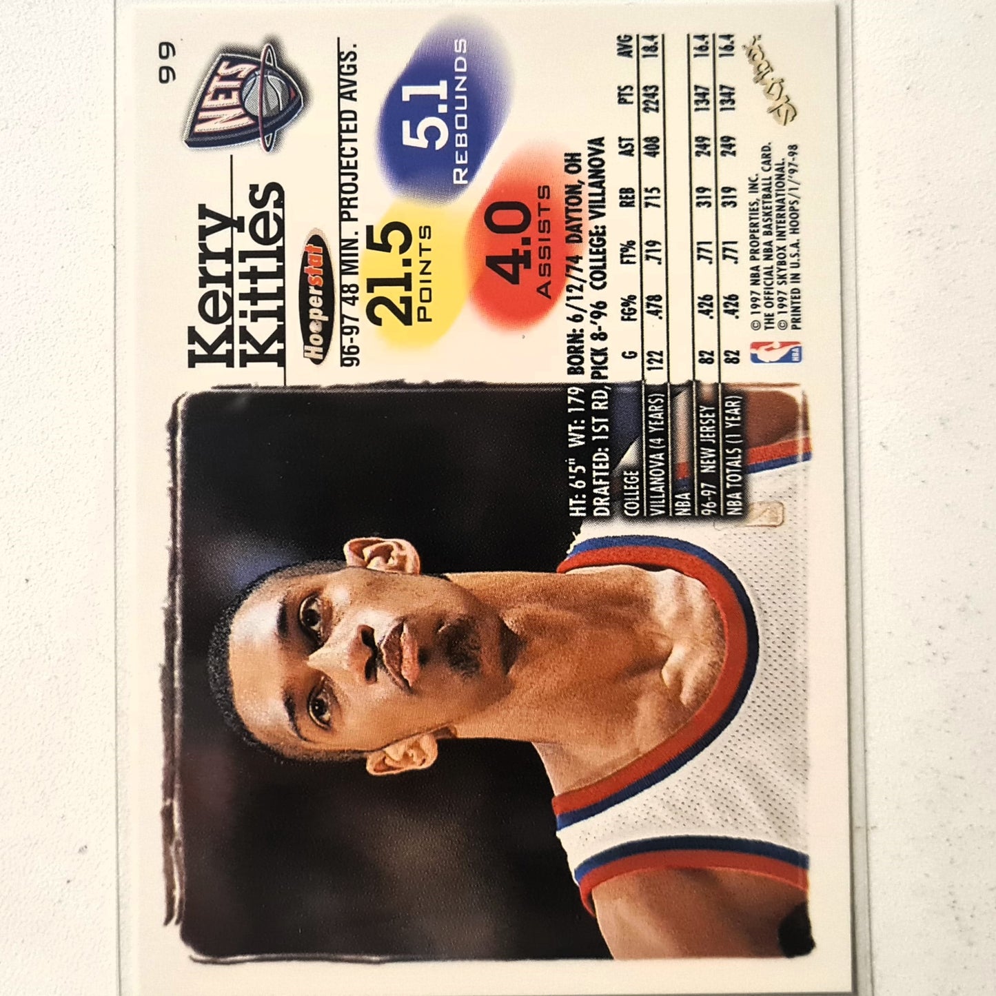 Kerry Kittles 1997 Skybox NBA Hoops #99 NBA Basketball New Jersey Nets Excellent sleeved