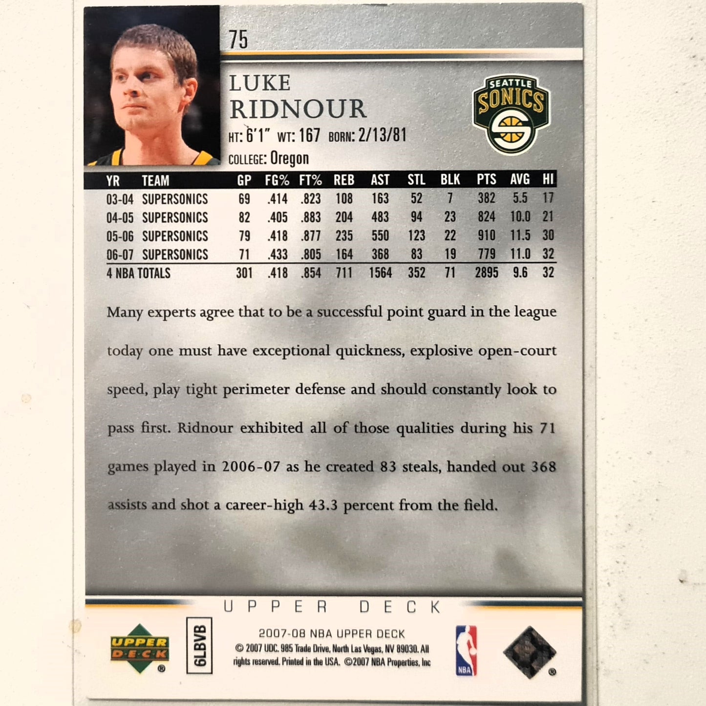 Luke Ridnour 2007-08 Upper-Deck First Edition #75 NBA Basketball Seattle Super Sonics Excellent sleeved