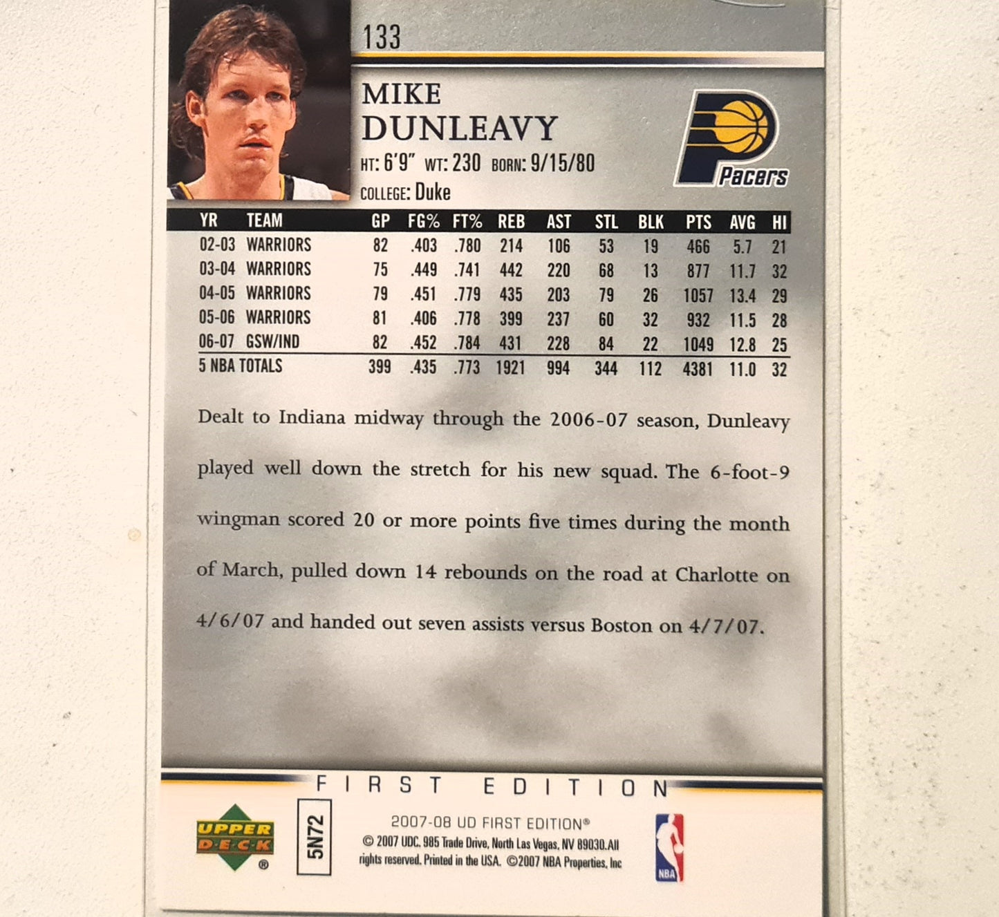 Mike Dunleavy 2007-08 Upper-Deck First Edition #133 NBA Basketball Indiana Pacers Excellent sleeved