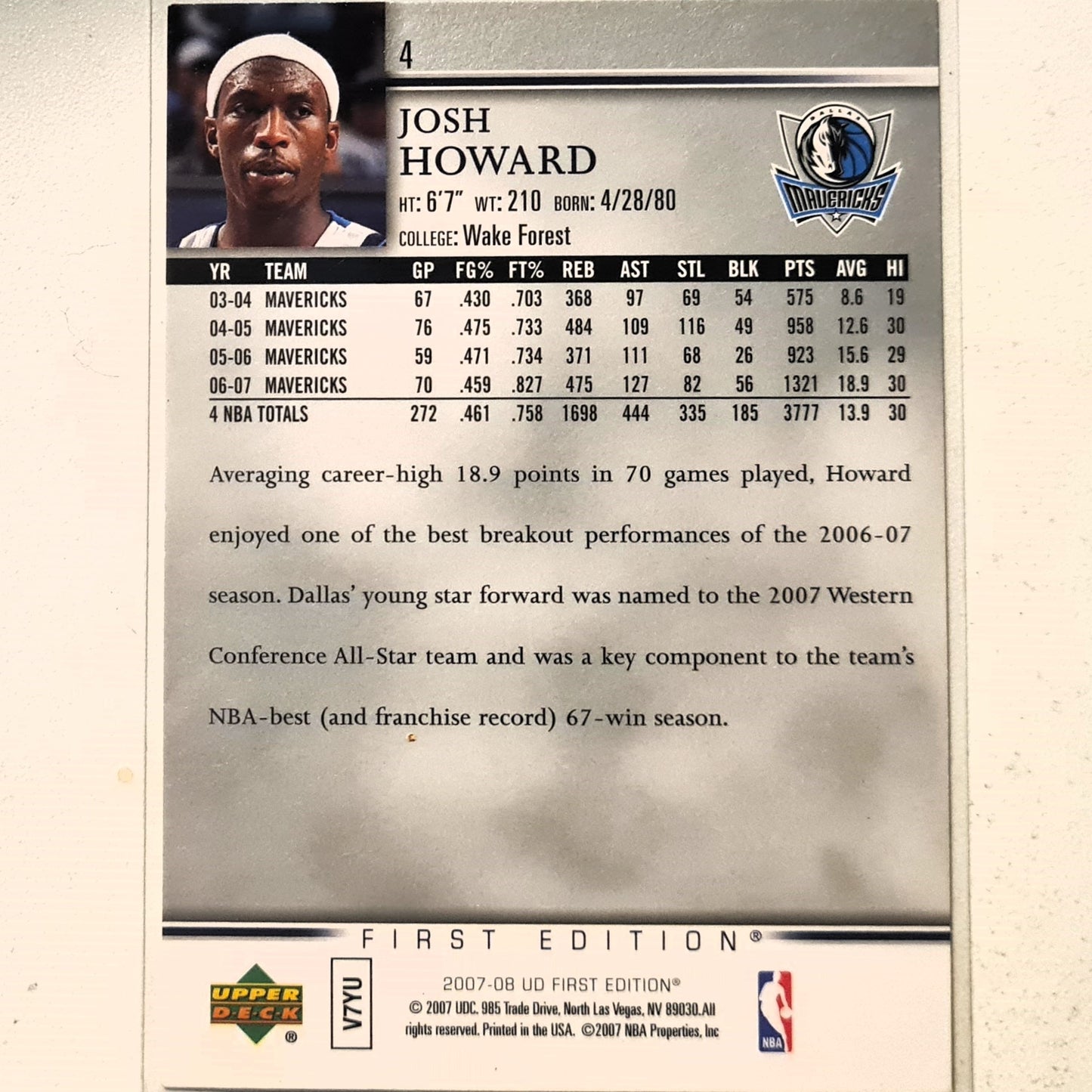 Josh Howard 2007-08 Upper-Deck First Edition #4 NBA Basketball Dallas Mavericks Excellent sleeved