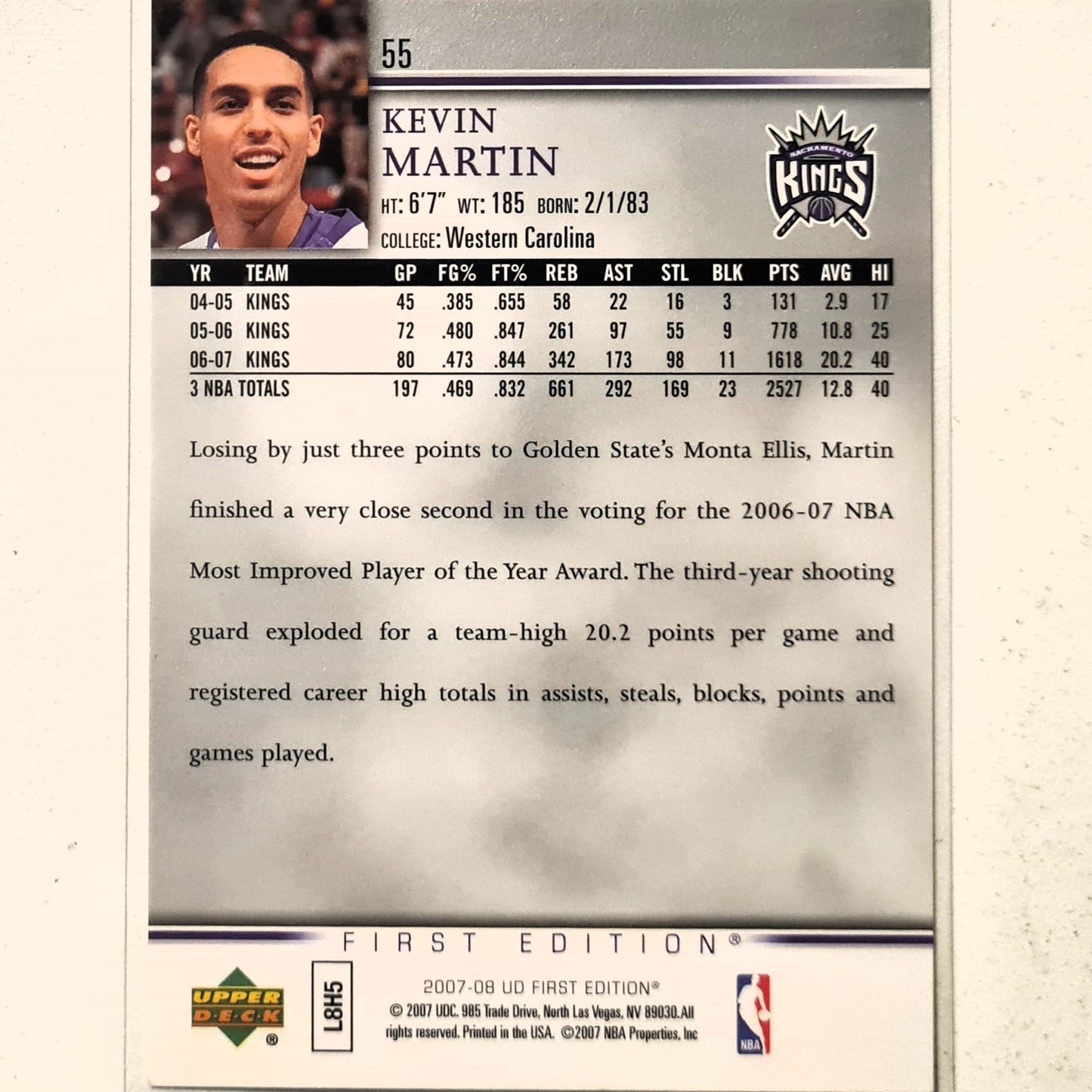 Kevin Martin 2007-08 Upper-Deck First Edition #55 NBA Basketball Sacramento Kings Excellent sleeved
