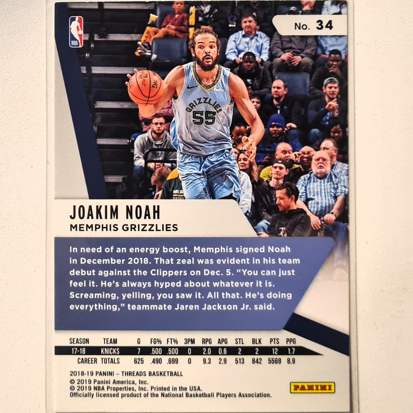 Joakim Noah 2018-19 Panini Threads #34 NBA Basketball Memphis Grizzlies Excellent sleeved