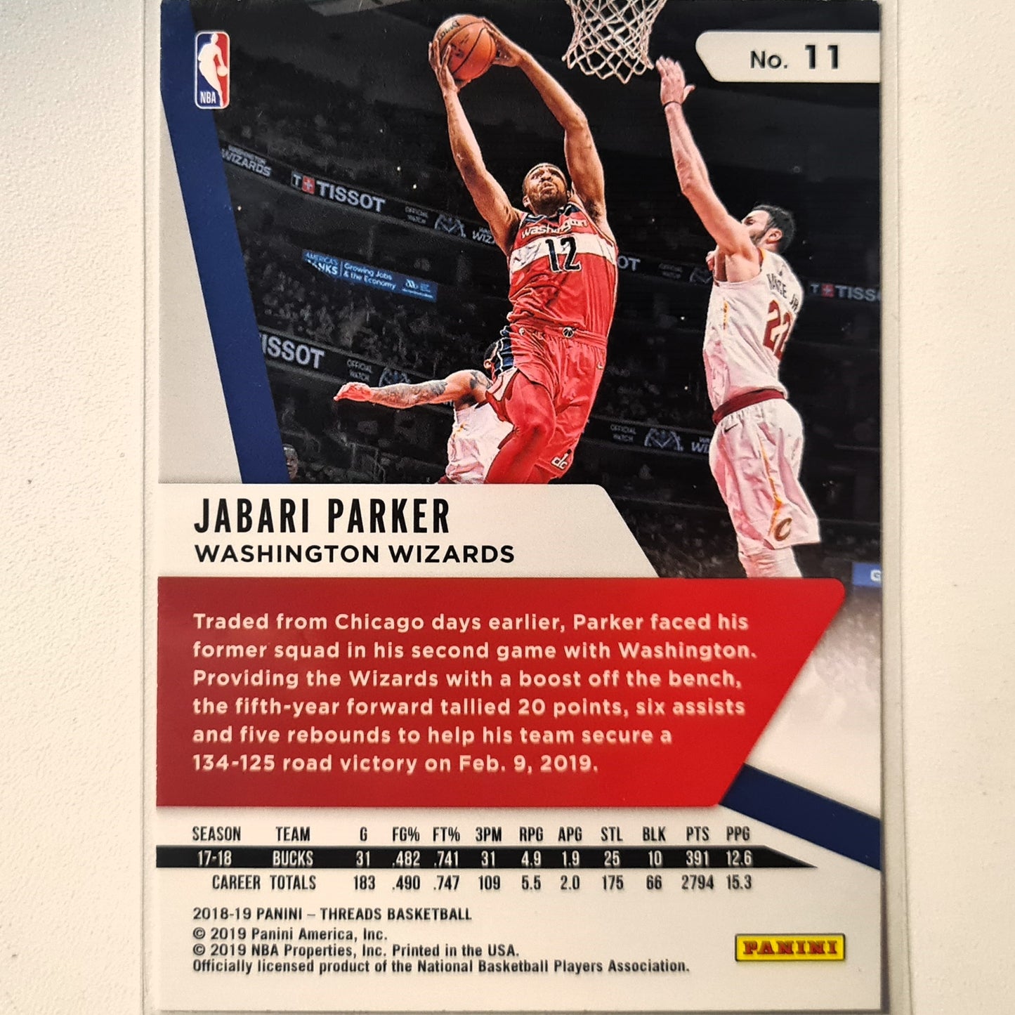 Jabari Parker 2018-19 Panini Threads #11 NBA Basketball Washington Wizards Excellent sleeved