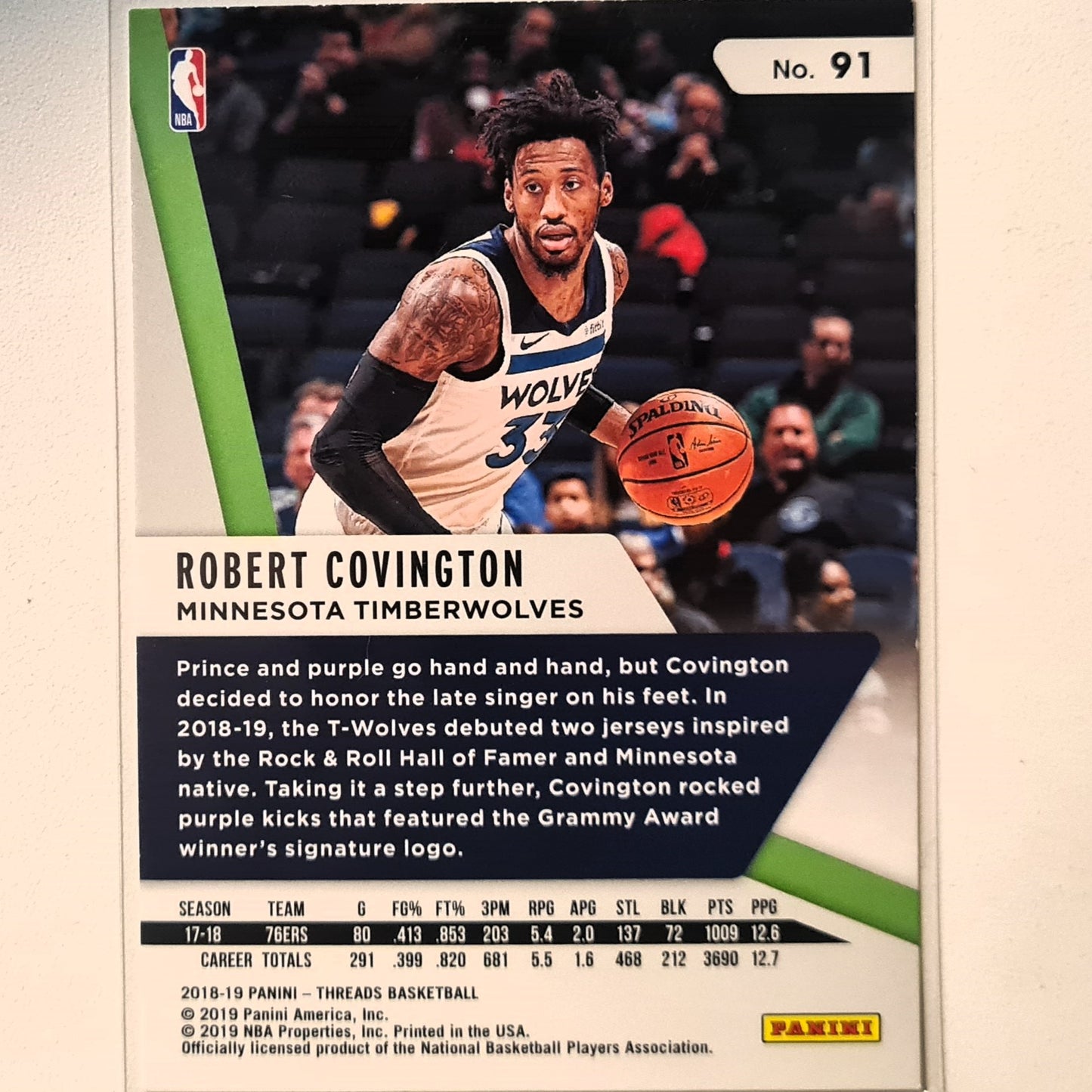 Robert Covington 2018-19 Panini Threads #91 NBA Basketball Minnesota Timberwolves Excellent sleeved