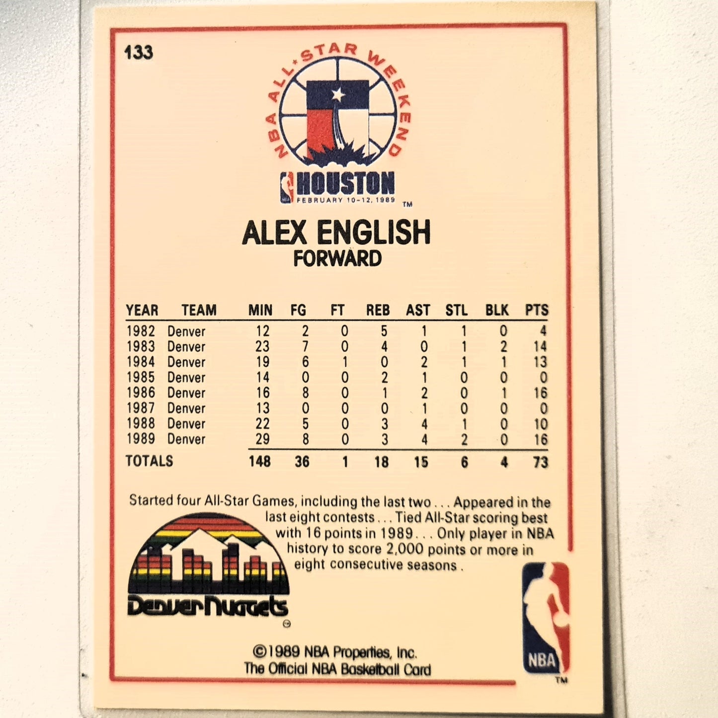 Alex English 1989 NBA Hoops Houston All-Star Weekend #133 NBA Basketball Denver Nuggets Excellent sleeved