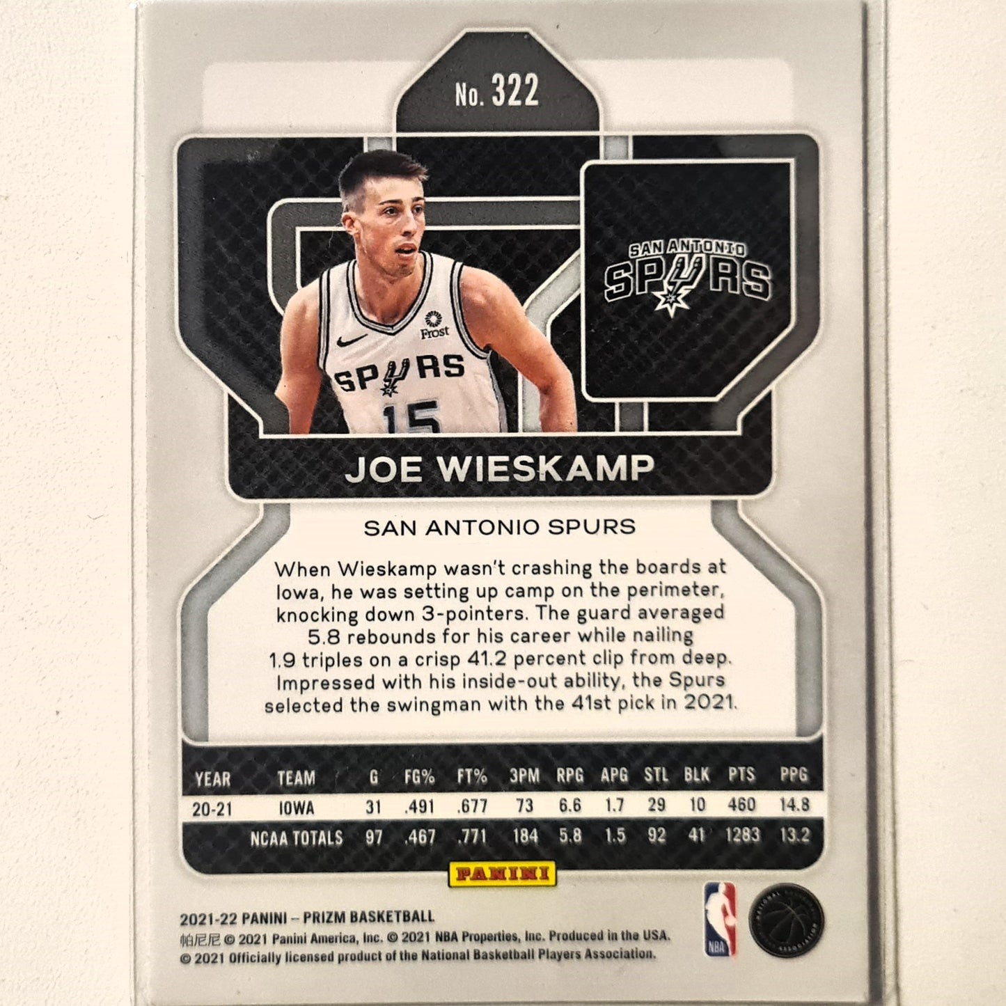 Joe Wieskamp 2021-22 Panini Prizm Rookie RC #322 NBA Basketball San Antonio Spurs Excellent/Mint sleeved