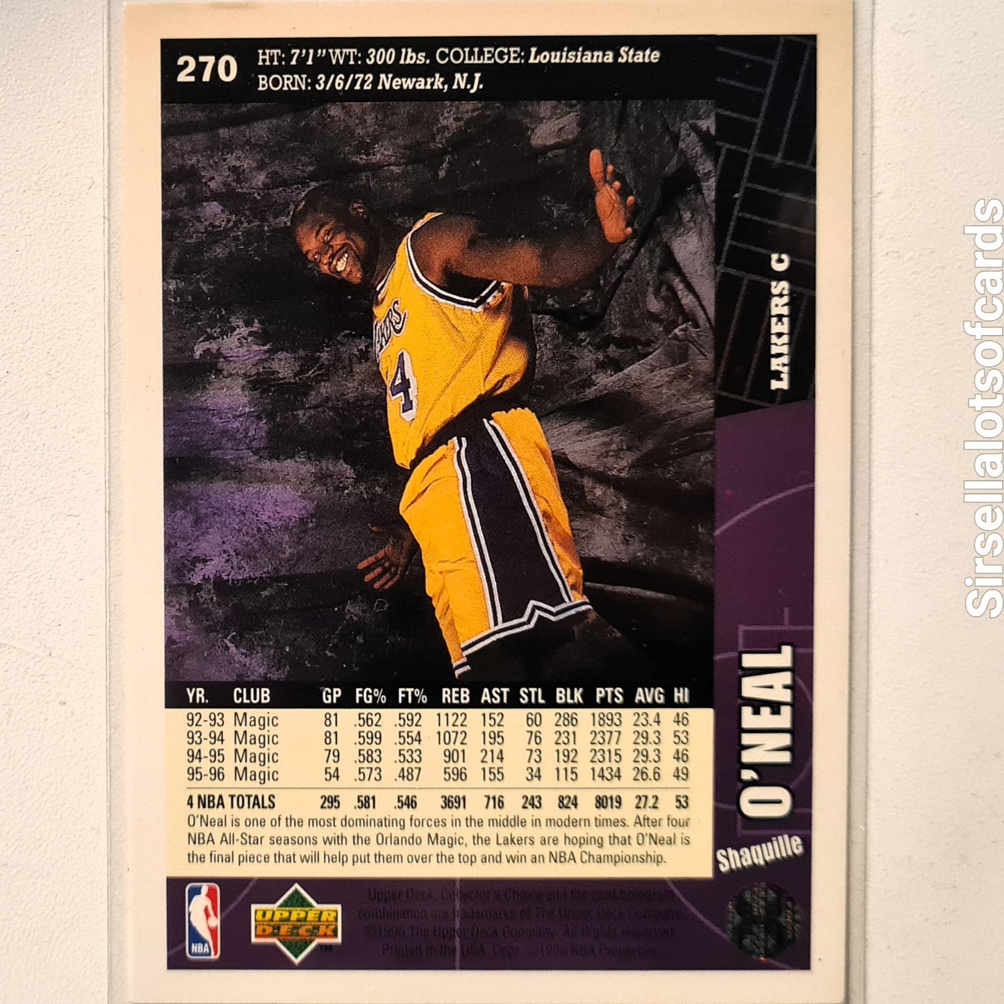 Shaquille O'Neal 1996 Upper-Deck collectors choice #270 NBA Basketball LA Lakers Fair/good sleeved