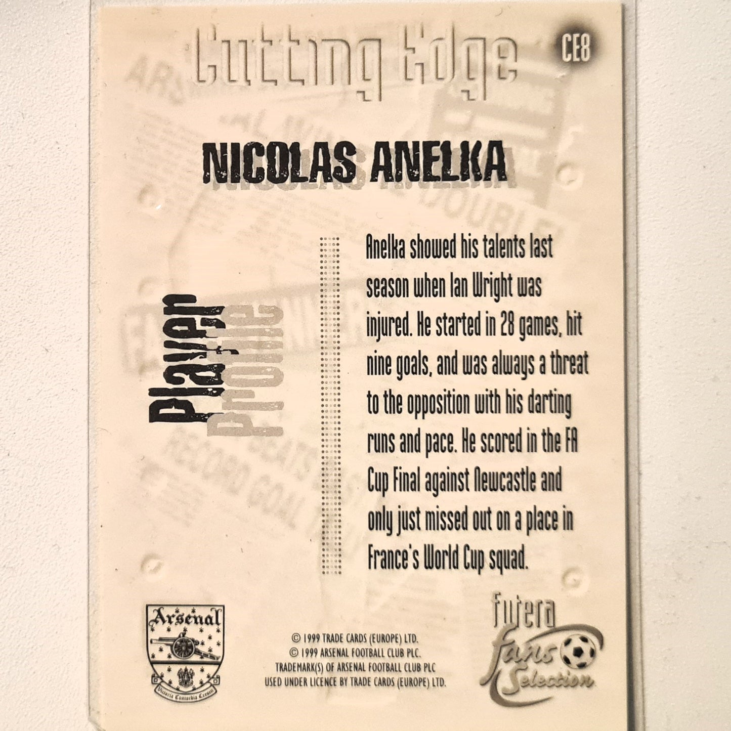Nicolas Anelka 1999 Futera Fans selection cutting edge insert CE8 Soccer Football Arsenal very good/excellent sleeved