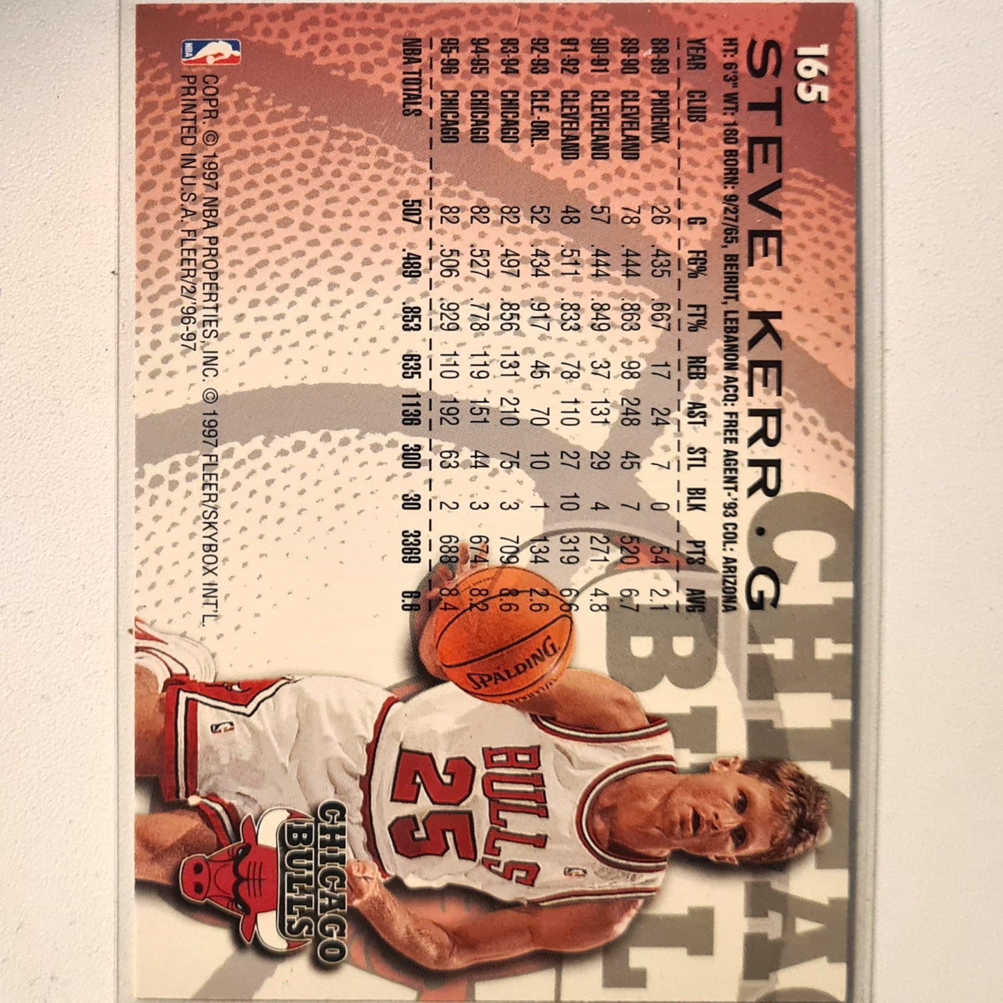 Steve Kerr 1997 Fleer 96-97 #165 NBA Basketball Chicago Bulls excellent sleeved