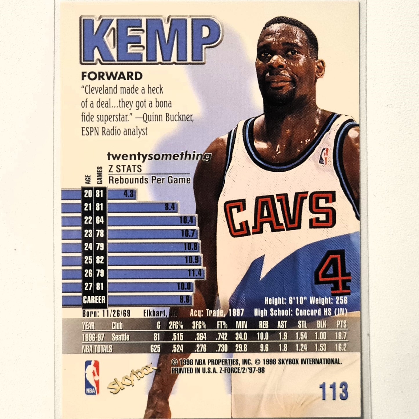 Shawn Kemp 1998 Skybox Z-Force #113 NBA Basketball Cleveland Cavaliers Excellent sleeved