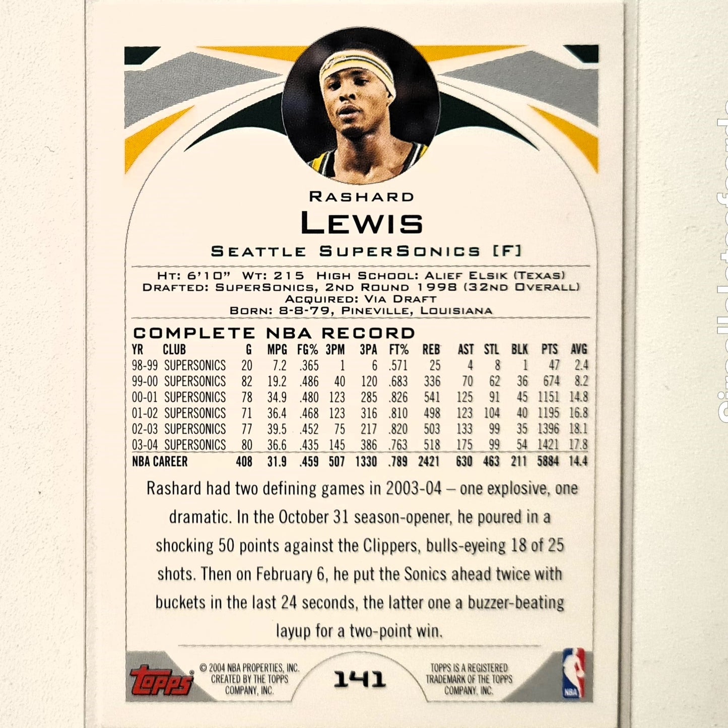 Rashard Lewis 2004 Topps #141 NBA Basketball Seattle Super Sonics Excellent sleeved