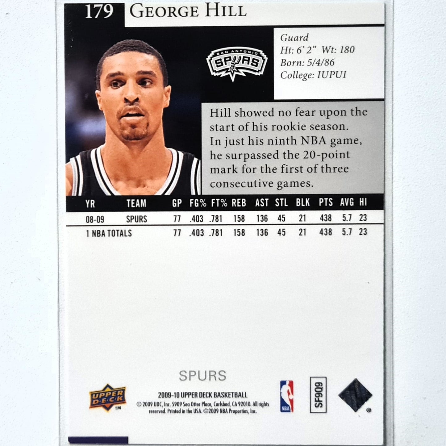 George Hill 2009-10 Upper-Deck #179 NBA Basketball San Antonio Spurs good sleeved