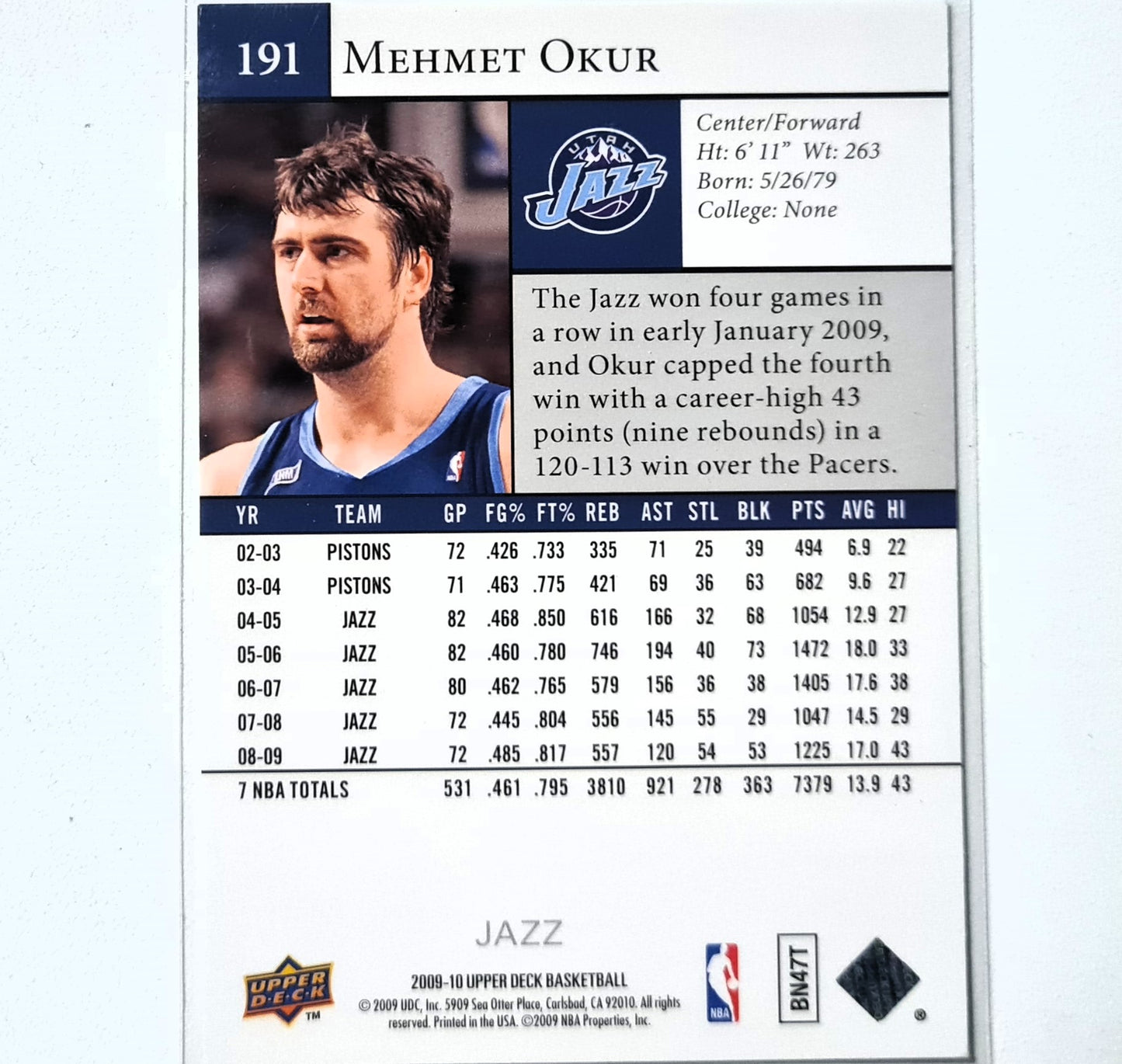 Mehmet Okur 2009-10 Upper-Deck #191 NBA Basketball Utah Jazz very good sleeved