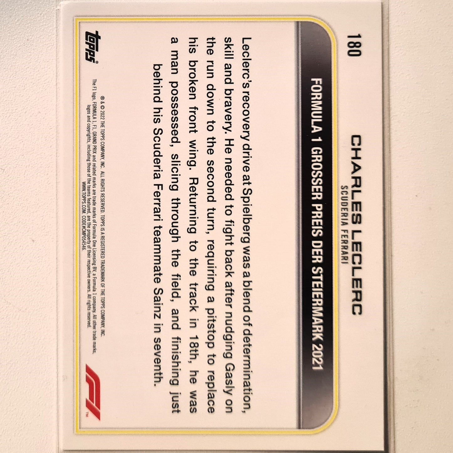 Charles Leclerc 2022 Topps F1 Driver of the day Styria #180 F1 Formula one Scuderia Ferrari Excellent/mint sleeved