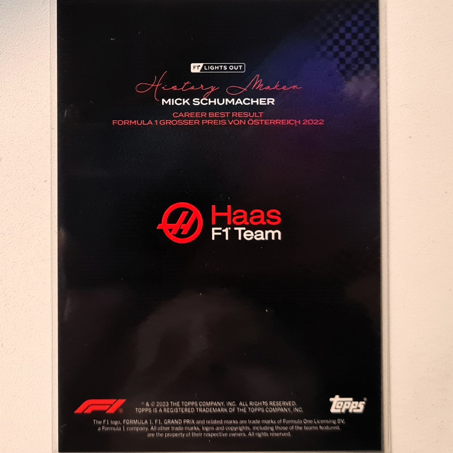 Mick Schumacher 2023 Topps F1 lights out History Maker F1 Formula one Haas Excellent/mint sleeved