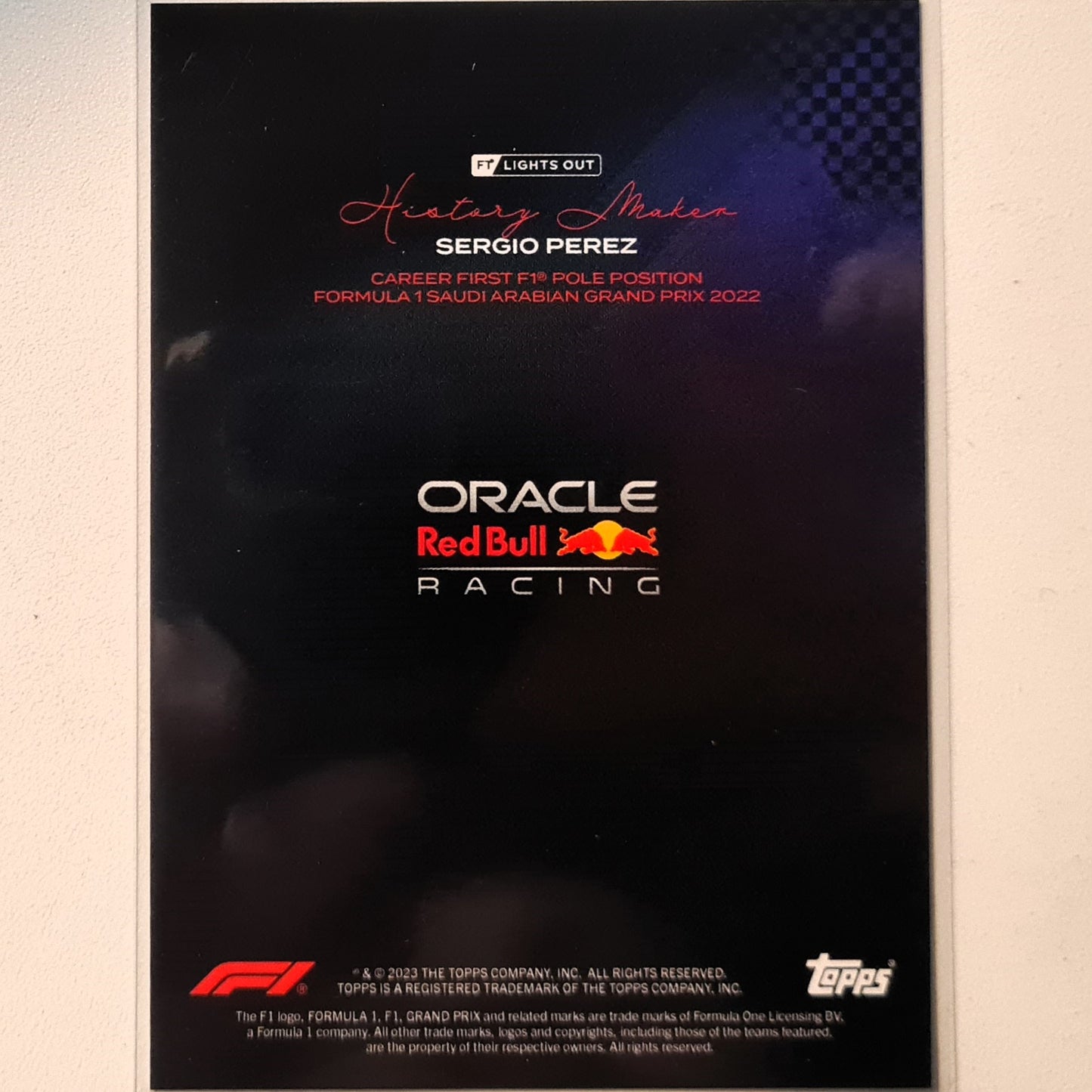 Sergio Perez 2023 Topps F1 lights out History Maker F1 Formula one Red Bull Racing Excellent/mint sleeved