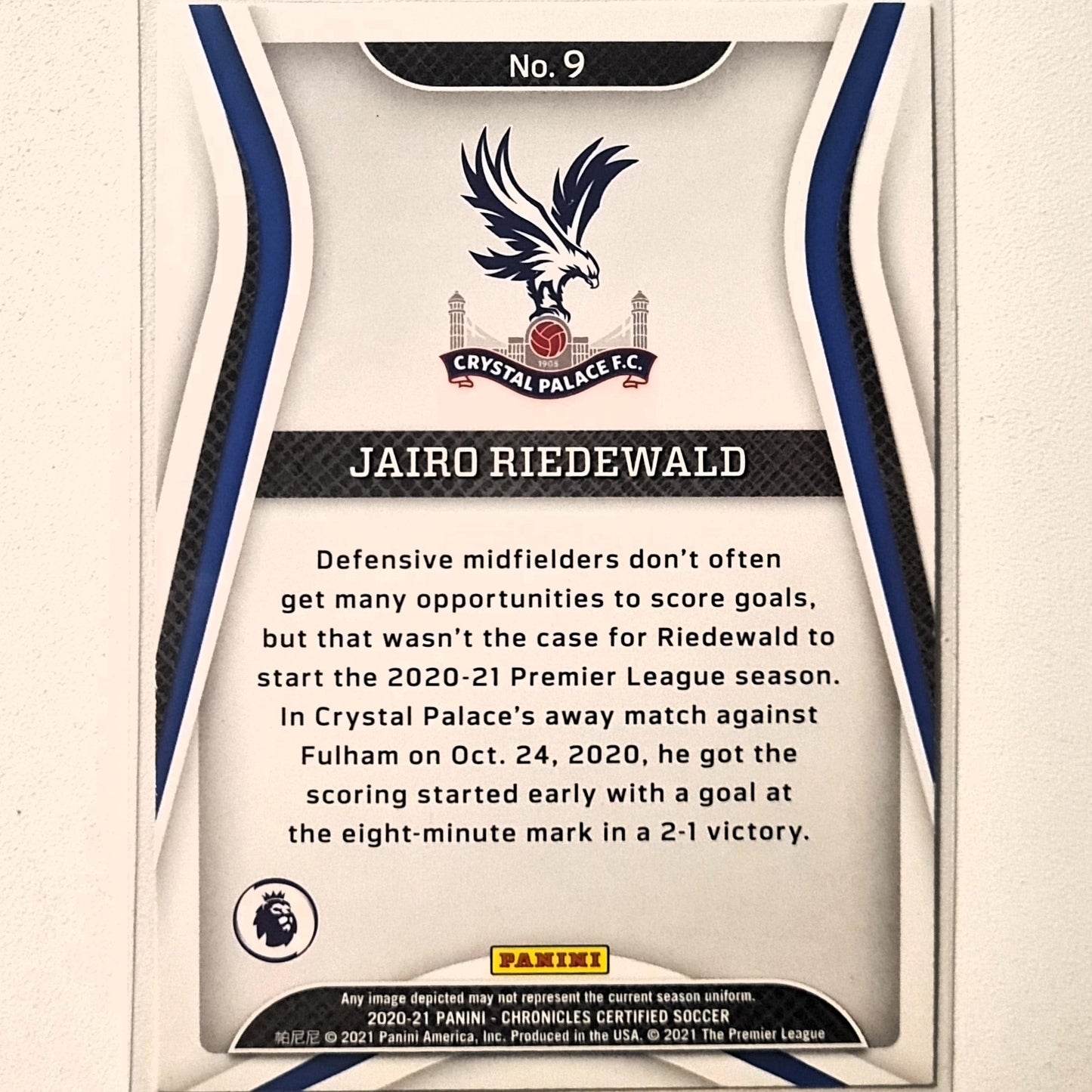 Jairo Riedewald 2020-21 Panini chronicles Certified Premiership #9 Soccer Football Crystal Palace Excellent/mint sleeved