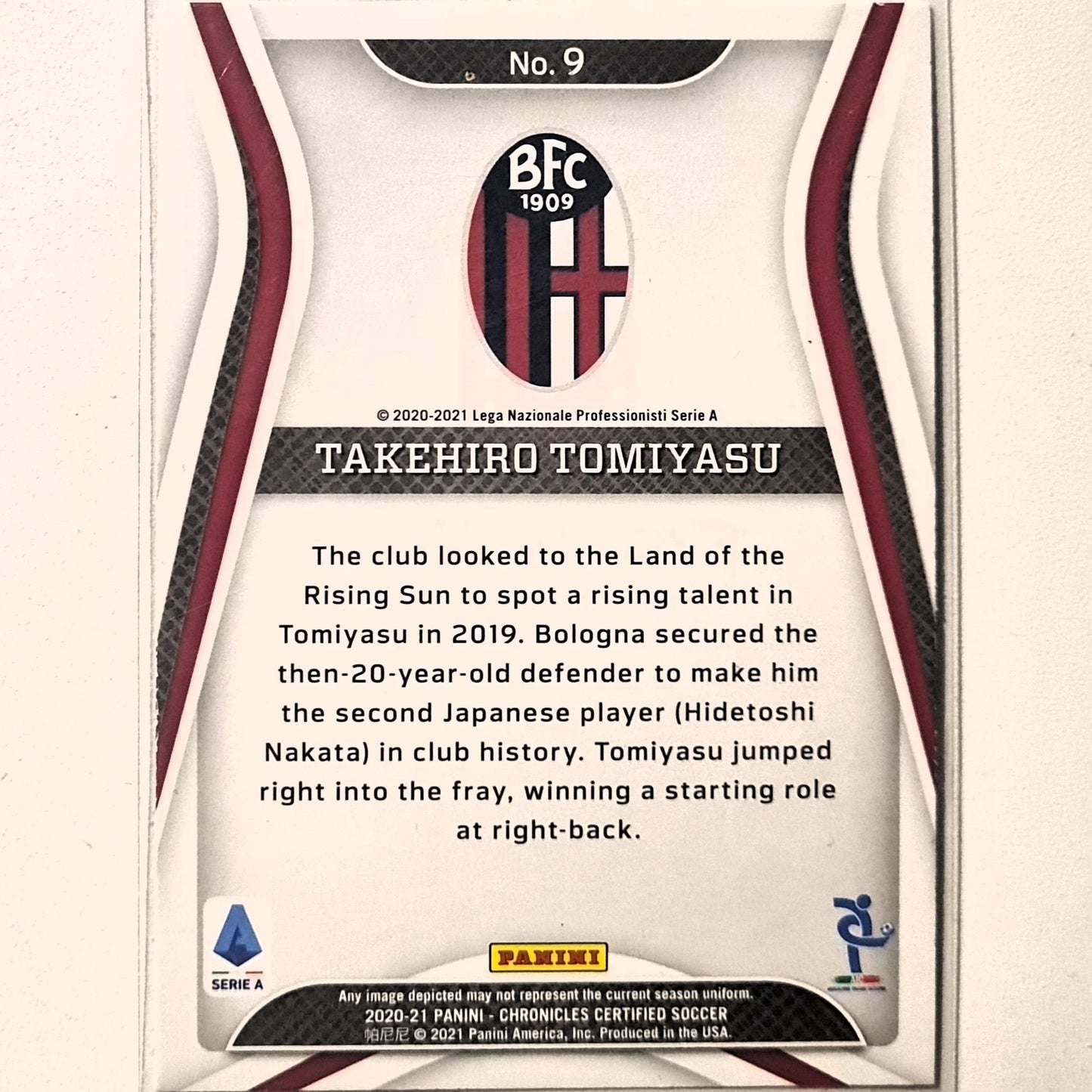 Takehiro Tomiyasu 2020-21 Panini chronicles Certified Serie A #9 Soccer Football Bologna FC Excellent/mint sleeved