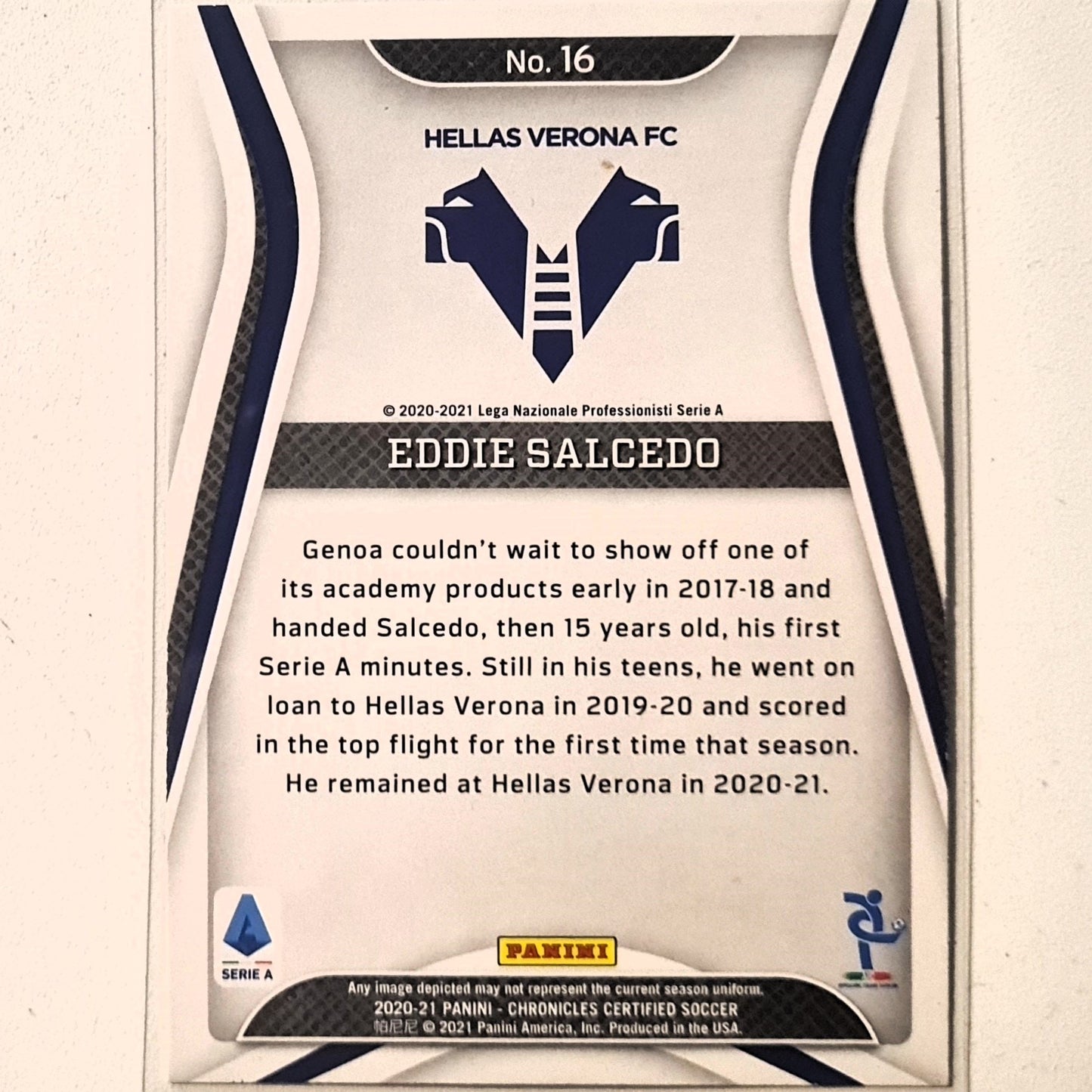 Eddie Salcedo 2020-21 Panini chronicles Certified Serie A Rookie RC #16 Soccer Football Verona Excellent/mint sleeved