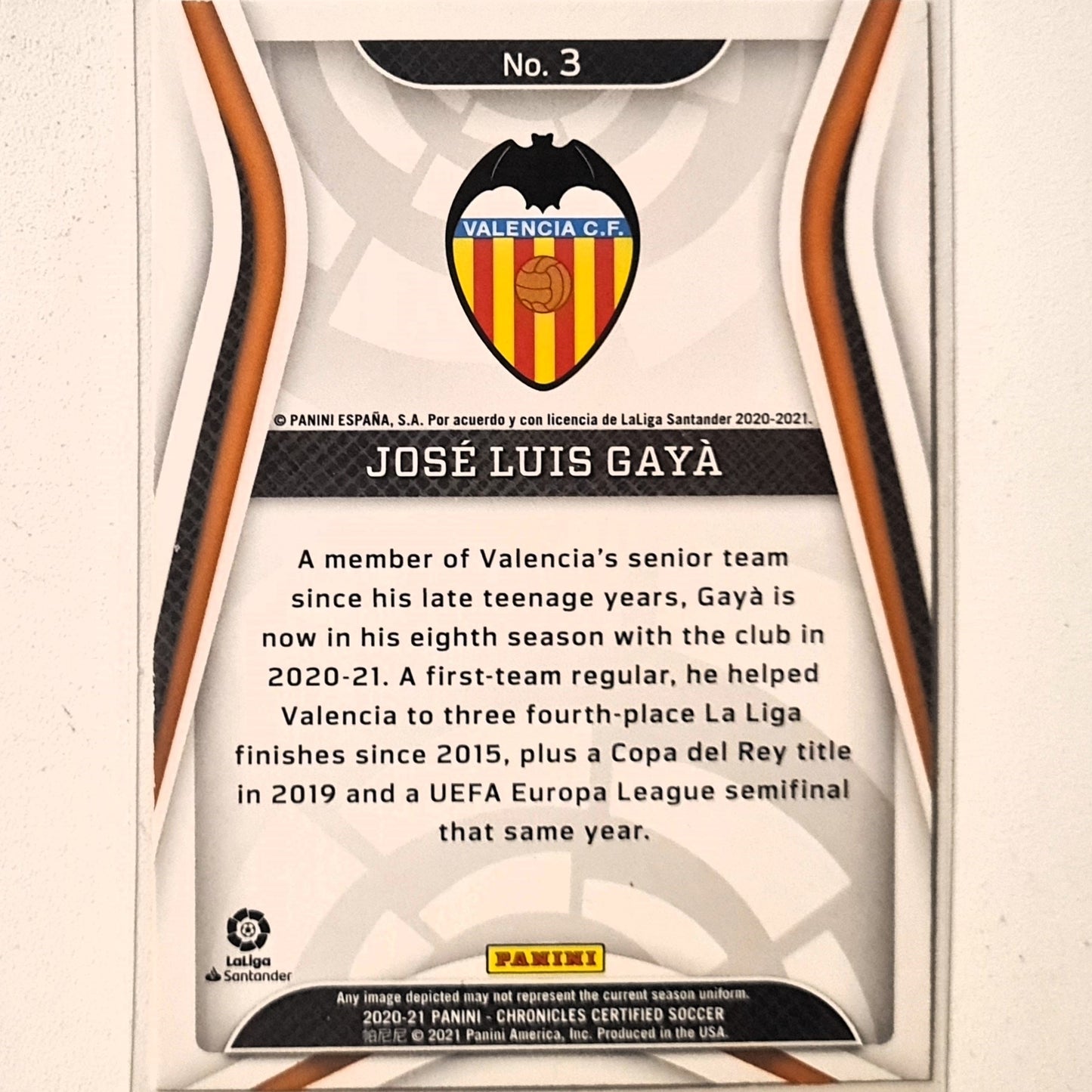 Jose Luis Gaya 2020-21 Panini chronicles Certified La Liga #3 Soccer Football Valencia Excellent/mint sleeved