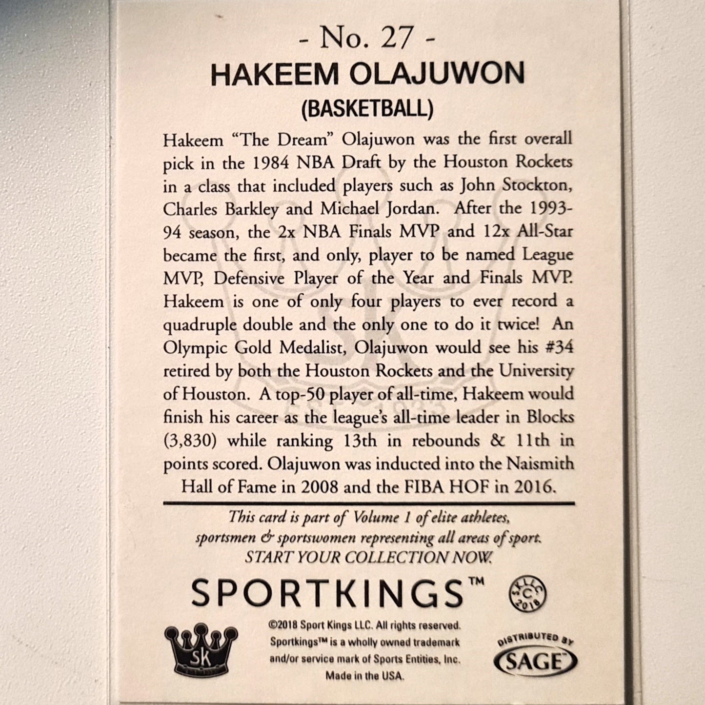 Hakeem Olajuwon 2018 Sportkings Sport Kings Gum #27 NBA Basketball Houston Rockets Excellent/mint Sleeved