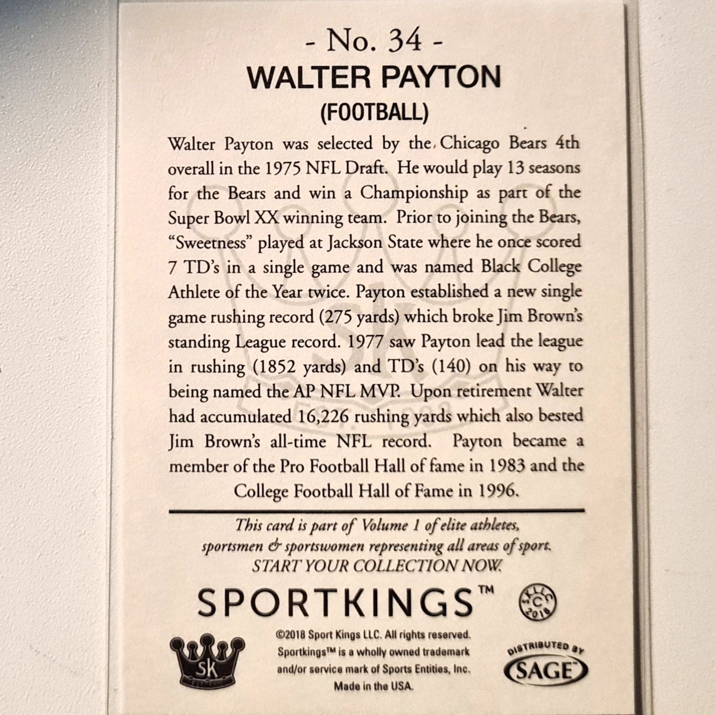Walter Payton 2018 Sportkings Sport Kings Gum #34 NFL American Football Chicago Bears Excellent/mint Sleeved