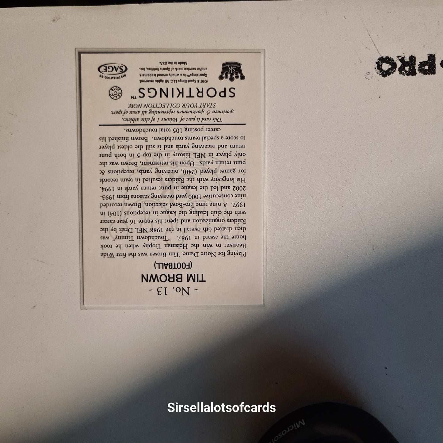 Tim Brown 2018 Sportkings Sport Kings Gum #13 NFL American Football Raiders Excellent/mint Sleeved