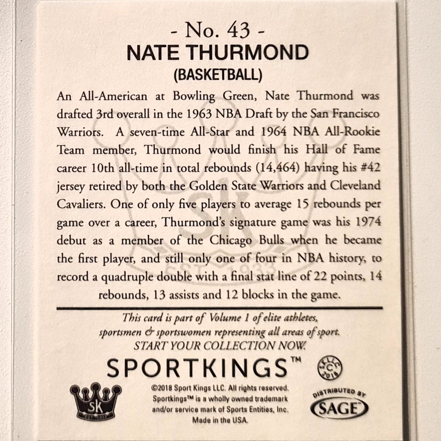 Nate Thurmond 2018 Sportkings Sport Kings Gum #43 NBA Basketball Golden State Warriors Excellent/mint Sleeved