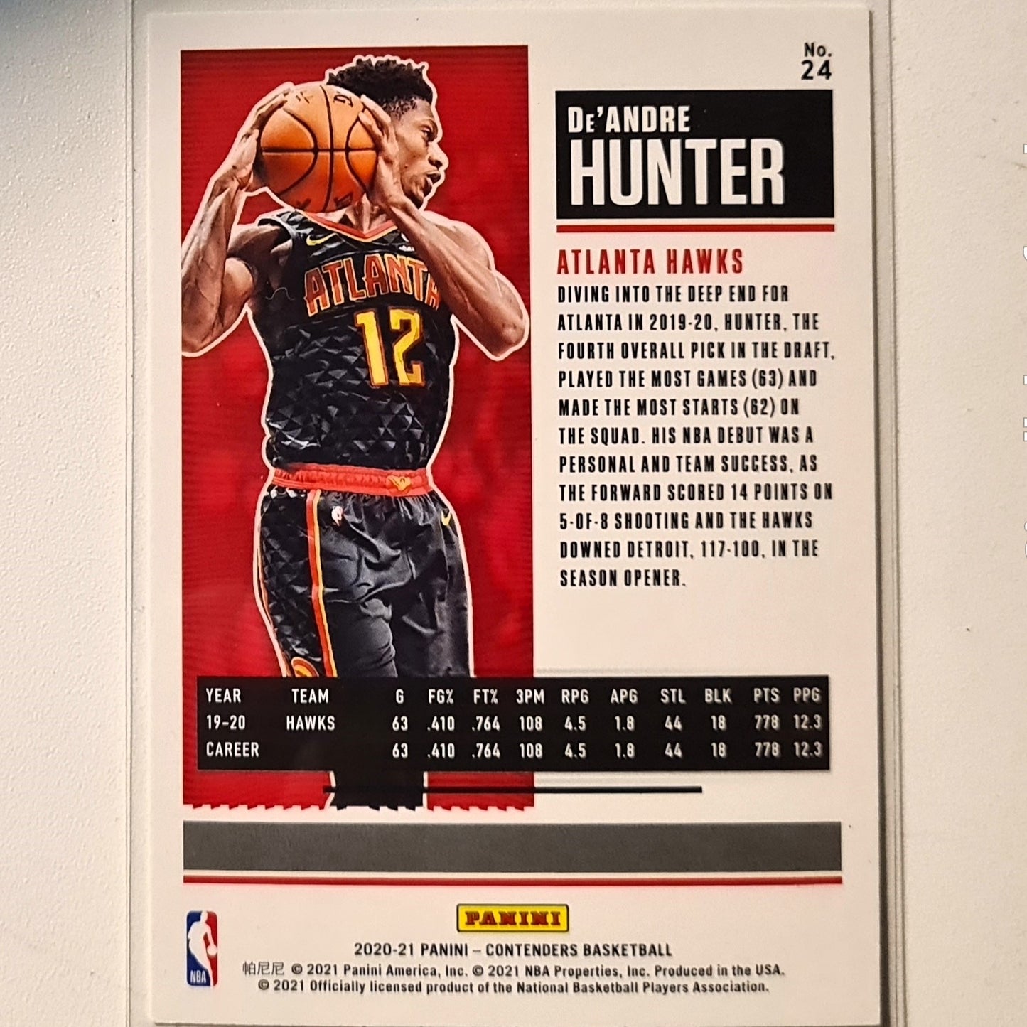 De'Andre Hunter 2020-21 Panini Contenders #24 NBA Basketball Atlanta Hawks Mint Sleeved