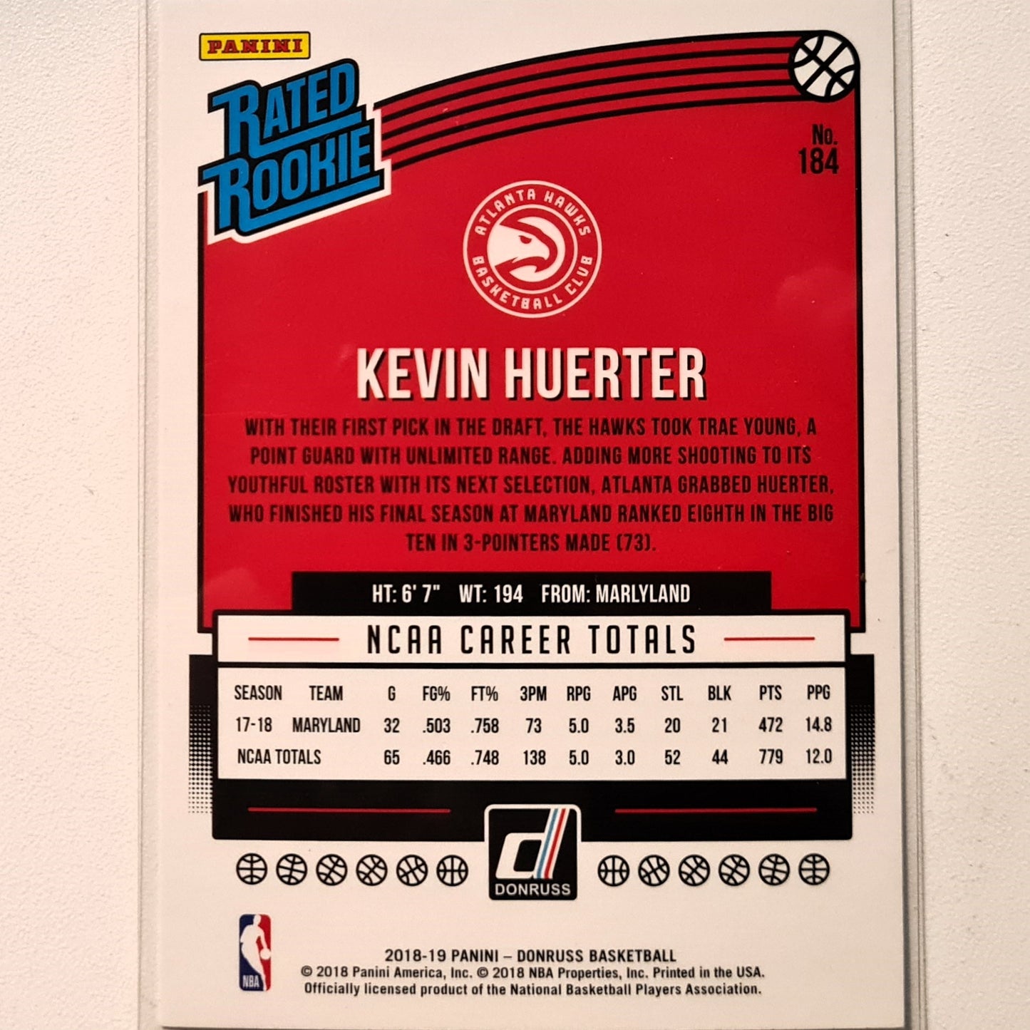 Kevin Huerter 2018-19 Panini Donruss Rated Rookie RC #184 NBA Basketball Atlanta Hawks Excellent Sleeved