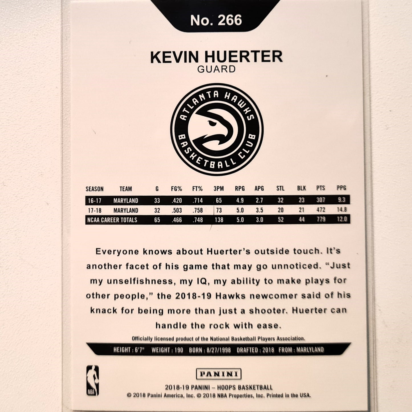 Kevin Huerter 2018-19 Panini NBA Hoops Rookie RC #266 NBA Basketball Atlanta Hawks Excellent Sleeved