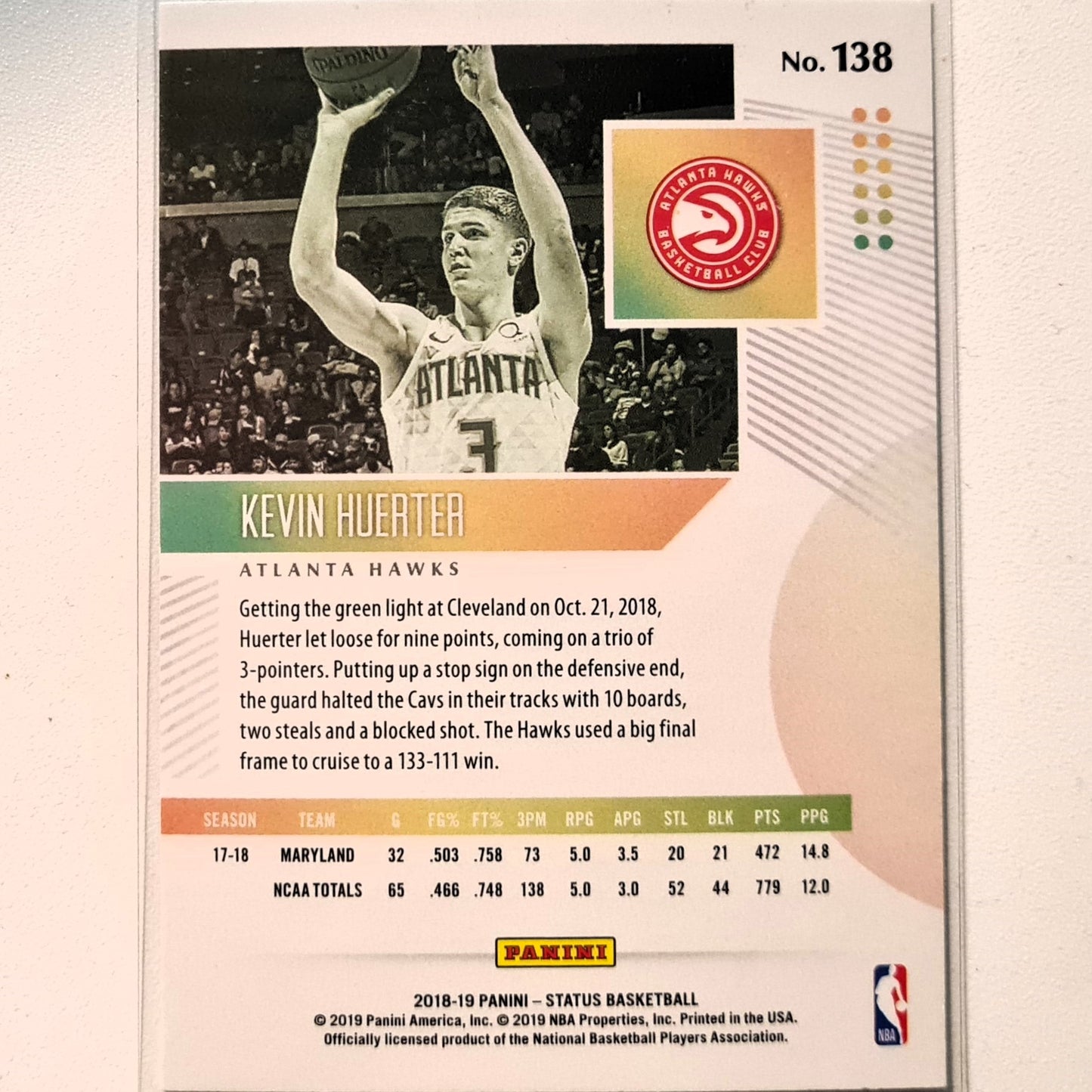 Kevin Huerter 2018-19 Panini Status Rookie RC #138 NBA Basketball Atlanta Hawks Excellent Sleeved