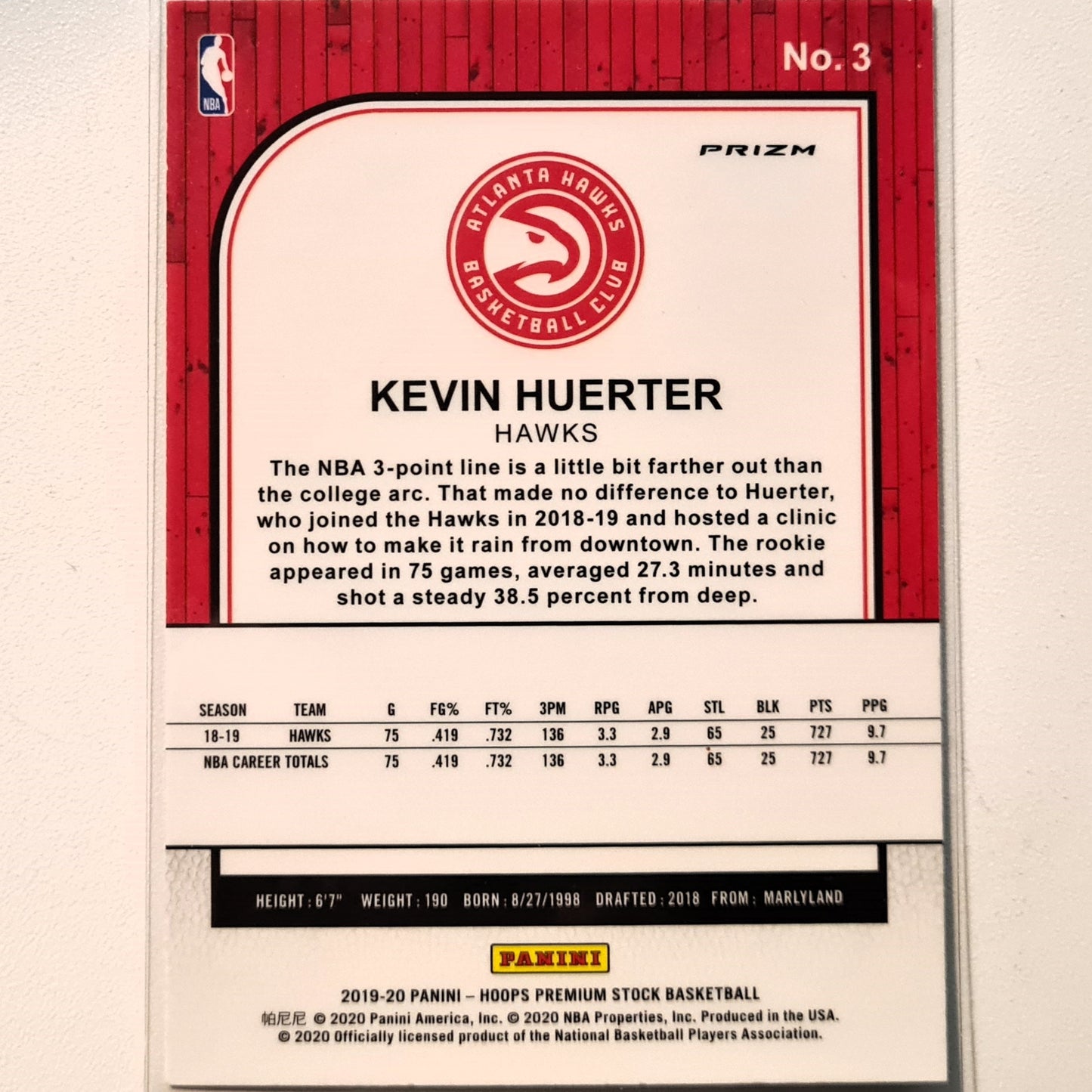Kevin Huerter 2019-20 Panini NBA Hoops premium stock prizm refractor #3 NBA Basketball Atlanta Hawks Excellent Sleeved