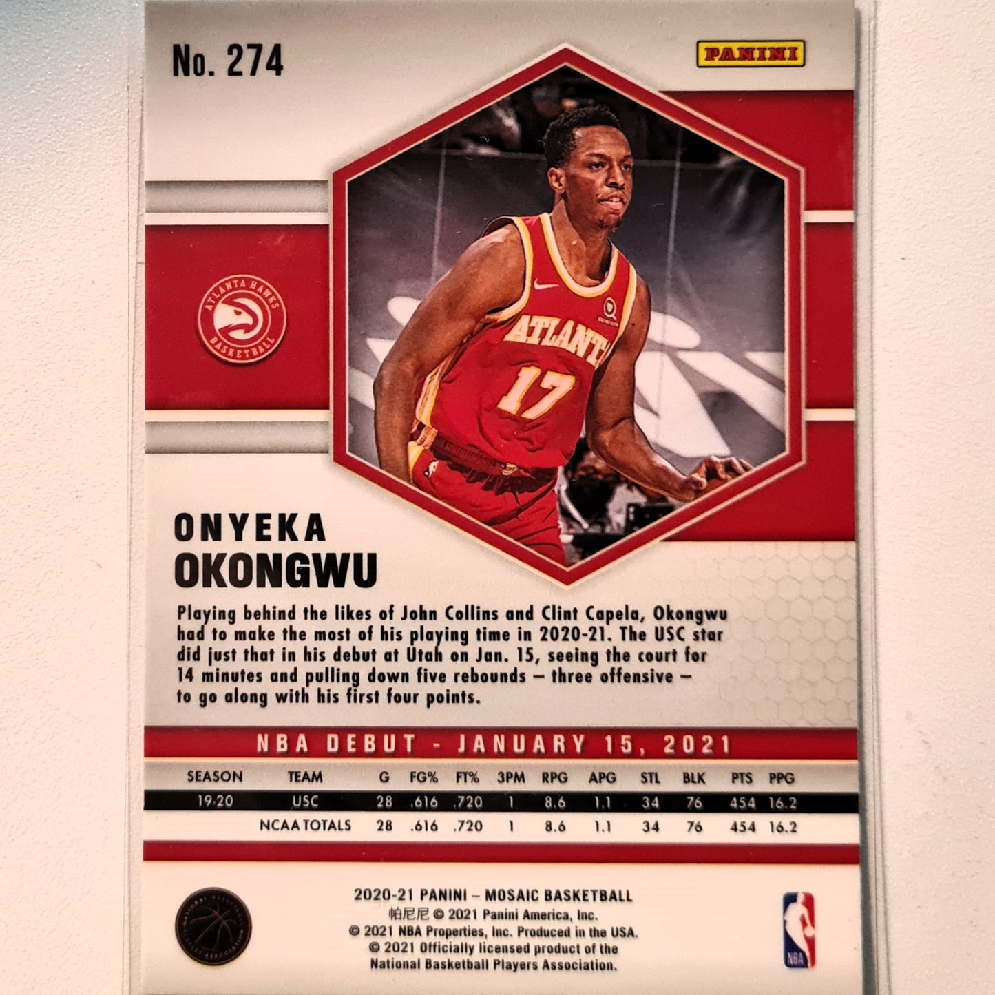Onyeka Okongwu 2020-21 Panini Mosaic Debut Rookie RC #274 NBA Basketball Atlanta Hawks Excellent/Mint Sleeved