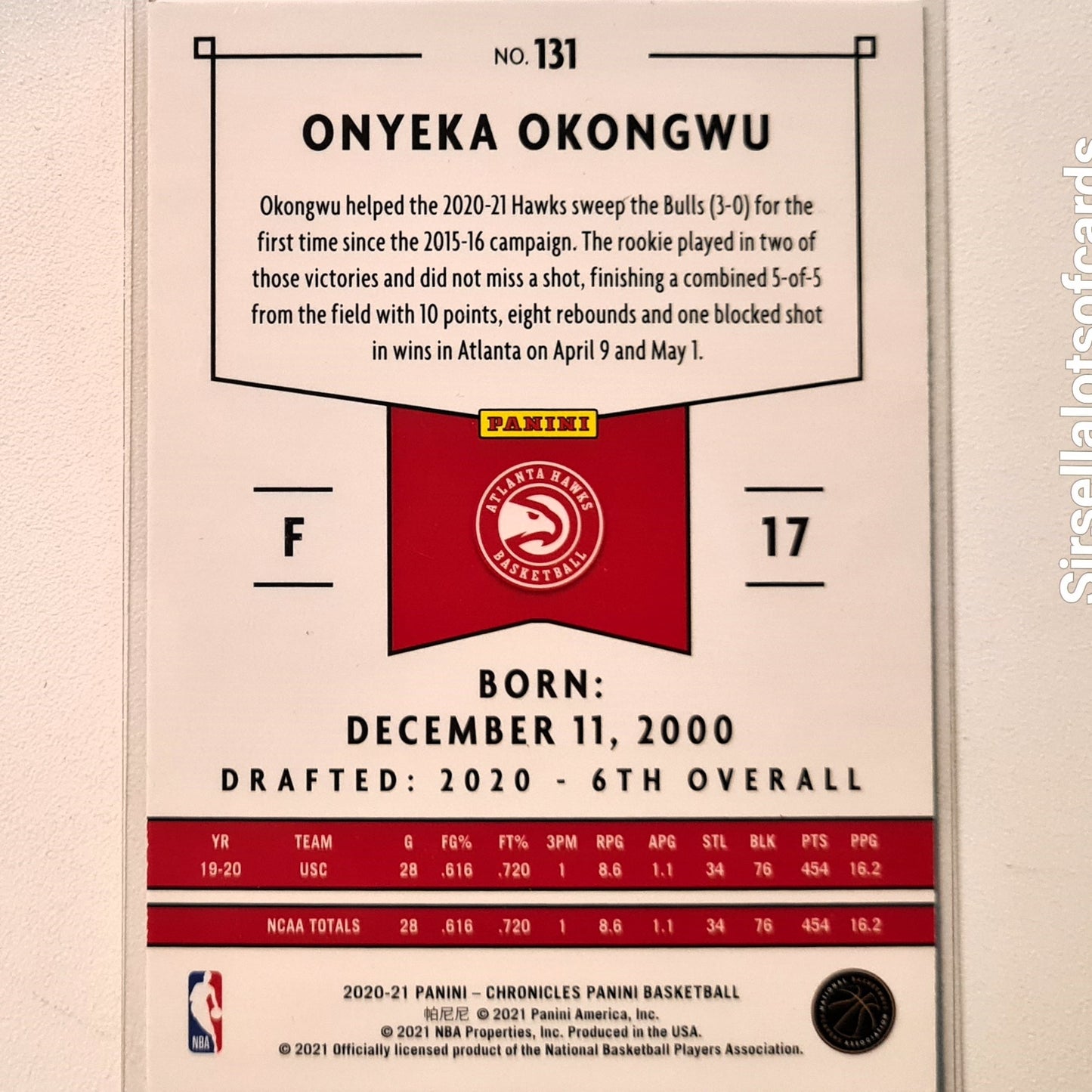 Onyeka Okongwu 2020-21 Panini Chronicles Rookie RC #131 NBA Basketball Atlanta Hawks Excellent/Mint Sleeved